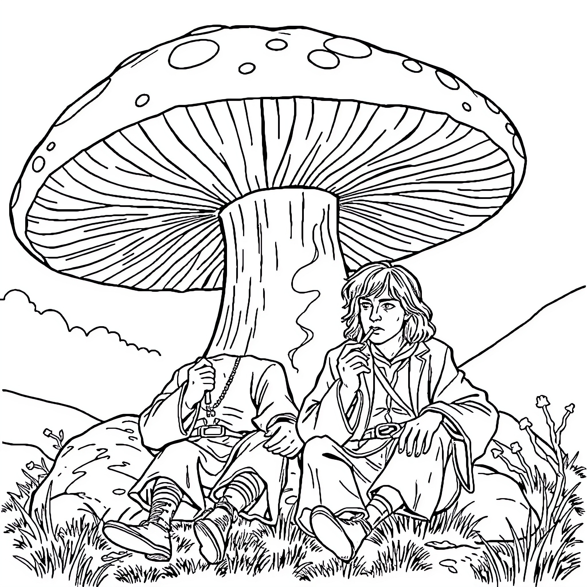 Bilbo Baggins relaxing under a giant mushroom Coloring Page (free black-and-white line drawing printable PDF for all, from beginners to advanced learners, including children, teens, adults, and seniors)