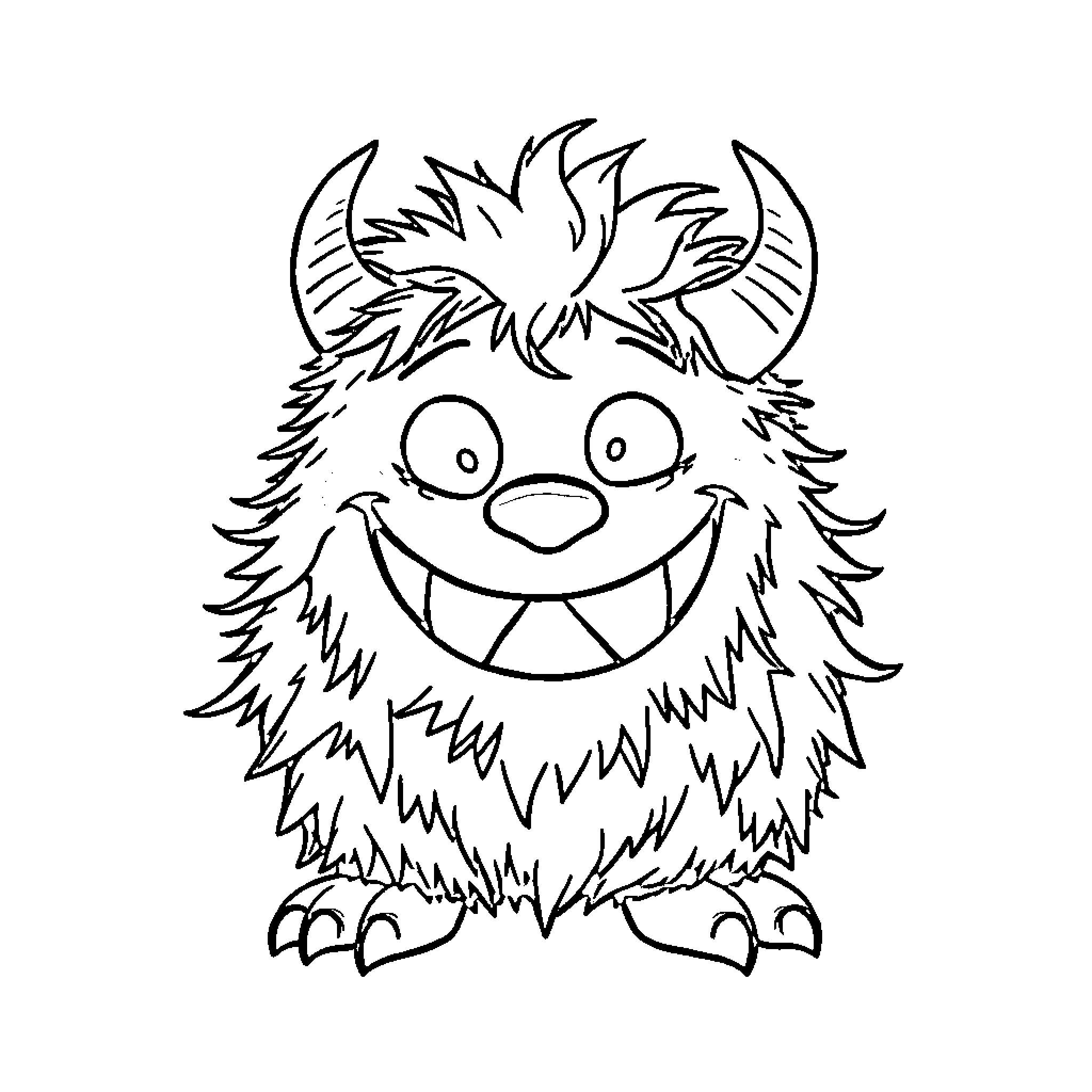 Monster with Joyful Expression and Fuzzy Appearance Coloring Page (free black-and-white line drawing printable PDF for all, from beginners to advanced learners, including children, teens, adults, and seniors)