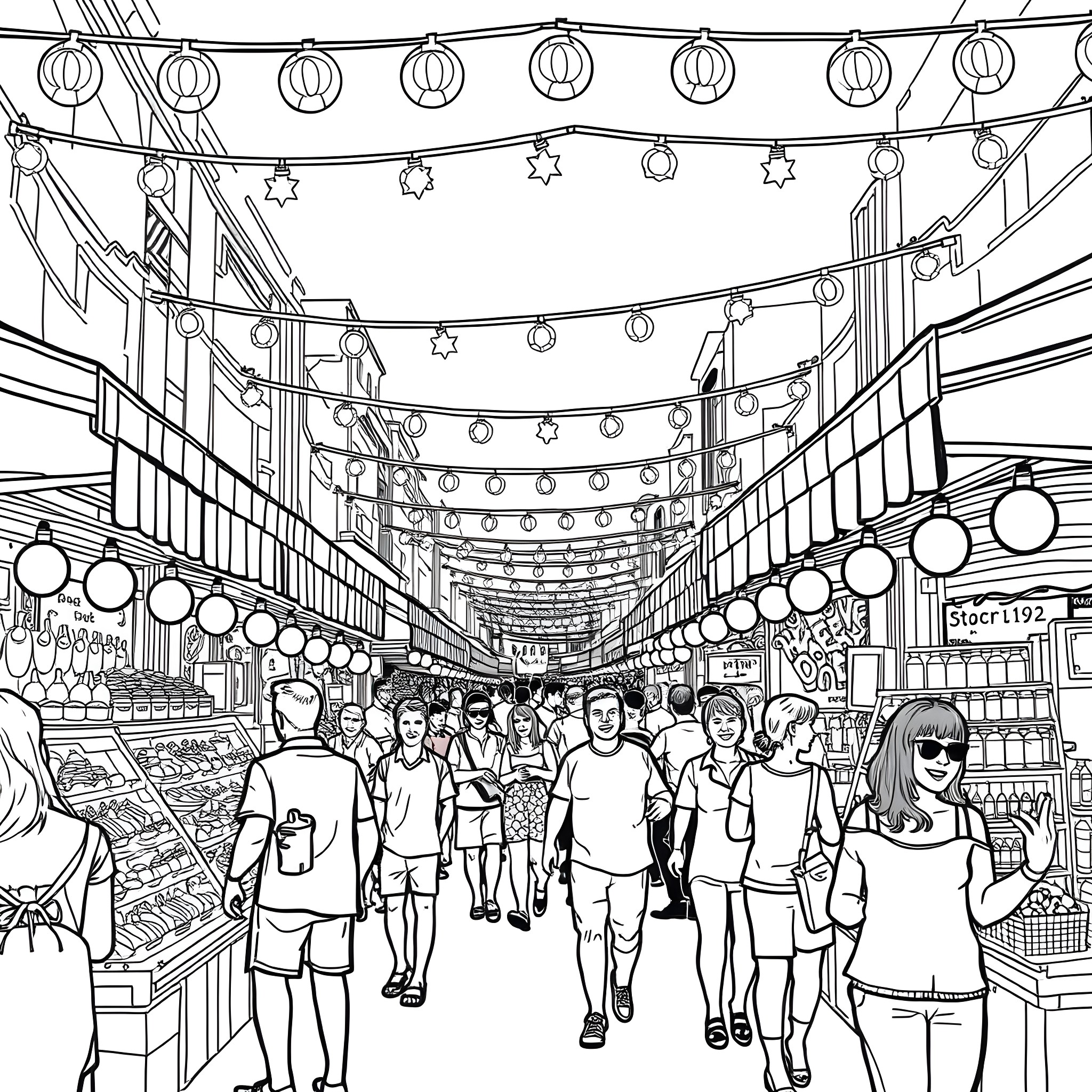 Night Market Bustling with People, Festive Decorations, and Stalls Coloring Page (free black-and-white line drawing printable PDF for all, from beginners to advanced learners, including children, teens, adults, and seniors)