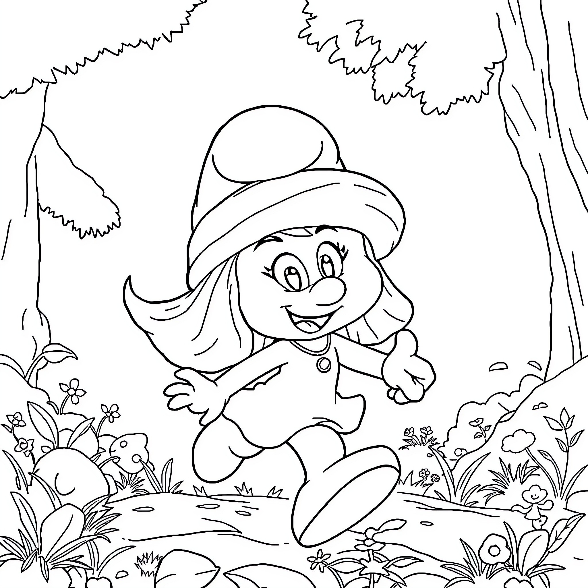 Smurfette enjoying a nature walk in the forest Coloring Page (free black-and-white line drawing printable PDF for all, from beginners to advanced learners, including children, teens, adults, and seniors)