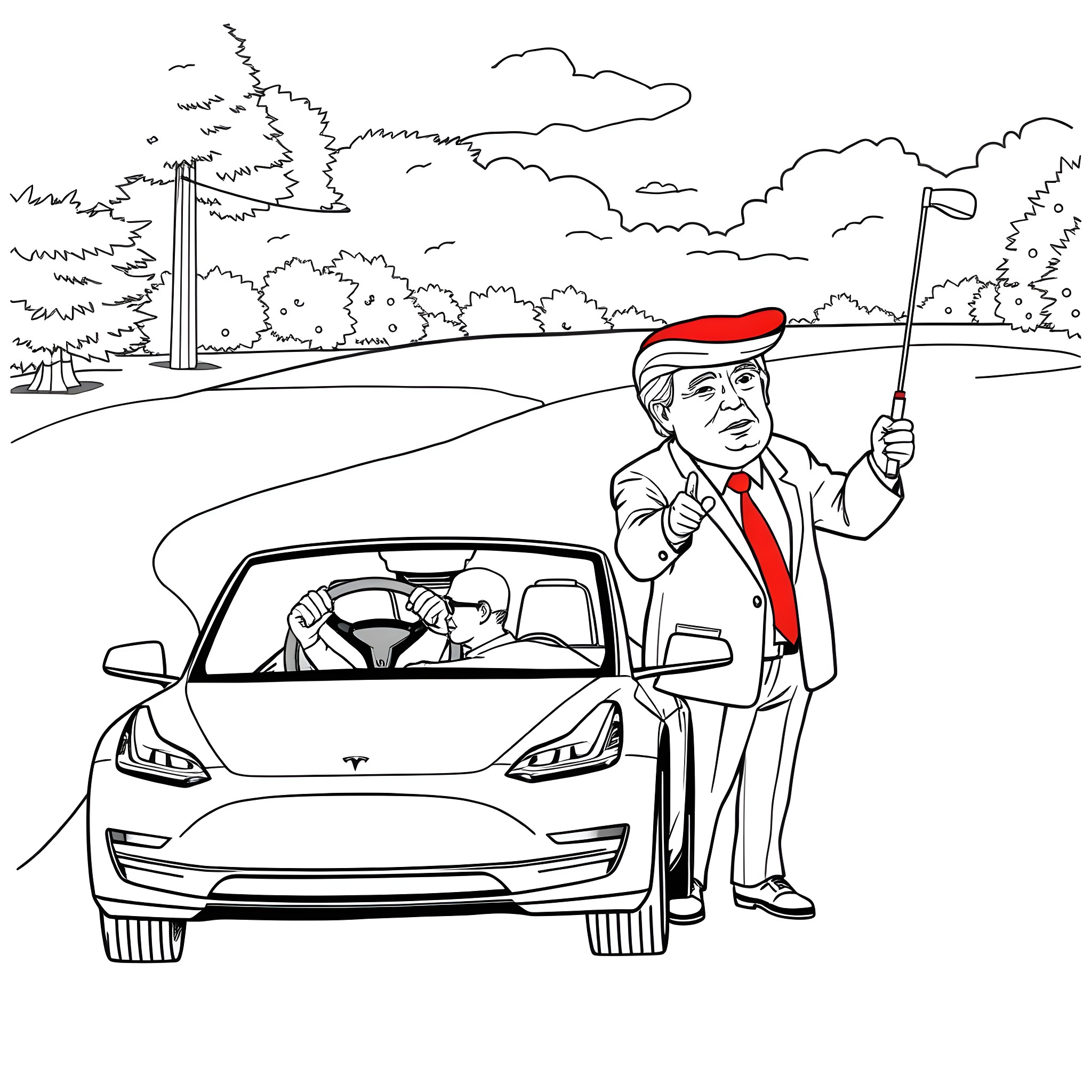 Elon Musk directing Tesla's autonomous driving on a road trip Coloring Page (free black-and-white line drawing printable PDF for all, from beginners to advanced learners, including children, teens, adults, and seniors)