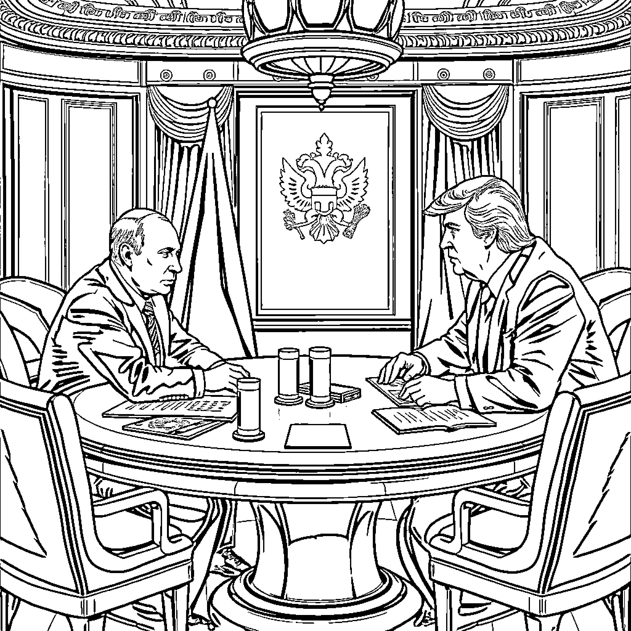 Putin Discussing with Another Leader in Formal Setting Coloring Page (free black-and-white line drawing printable PDF for all, from beginners to advanced learners, including children, teens, adults, and seniors)