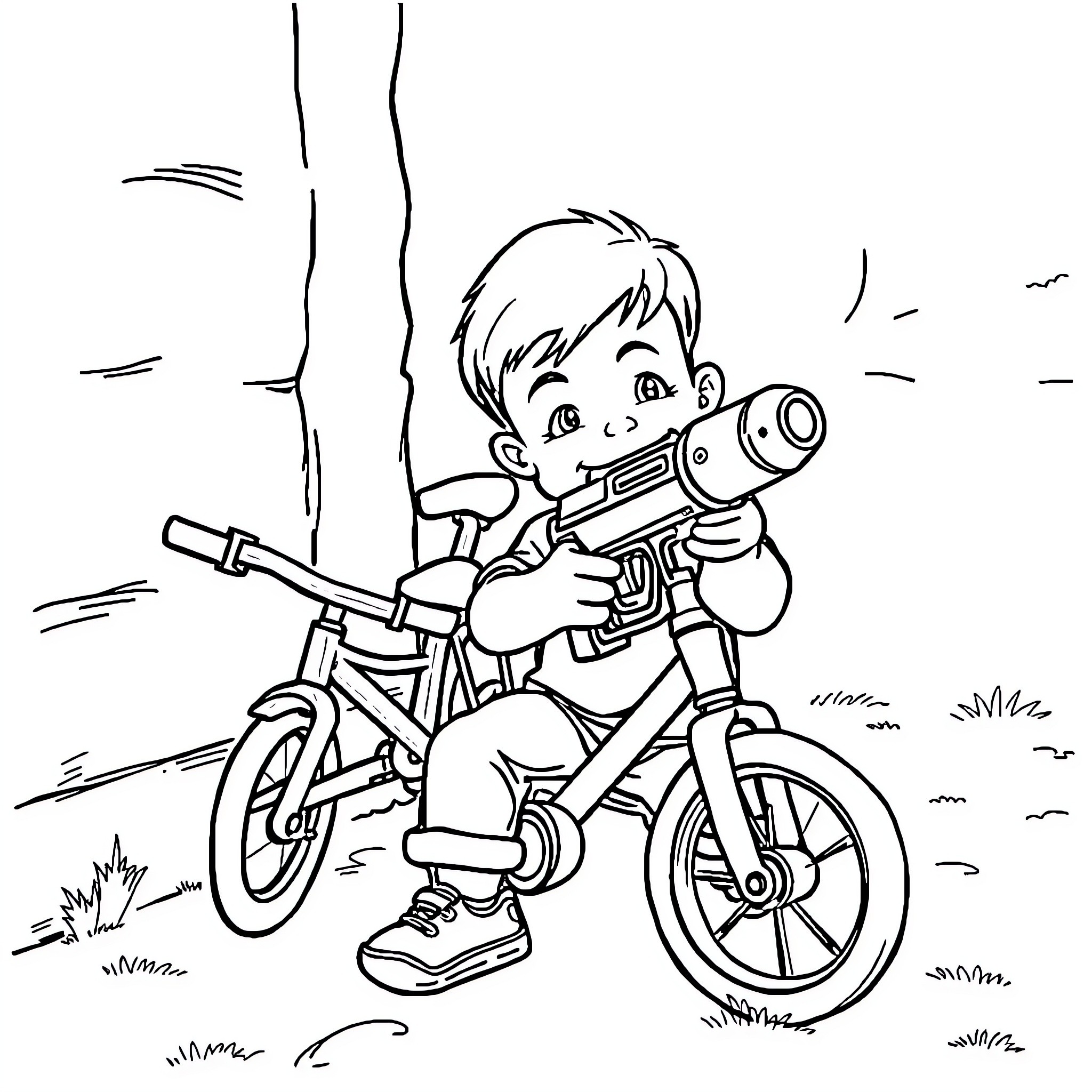 Boy riding bicycle with toy blaster Coloring Page (free black-and-white line drawing printable PDF for all, from beginners to advanced learners, including children, teens, adults, and seniors)
