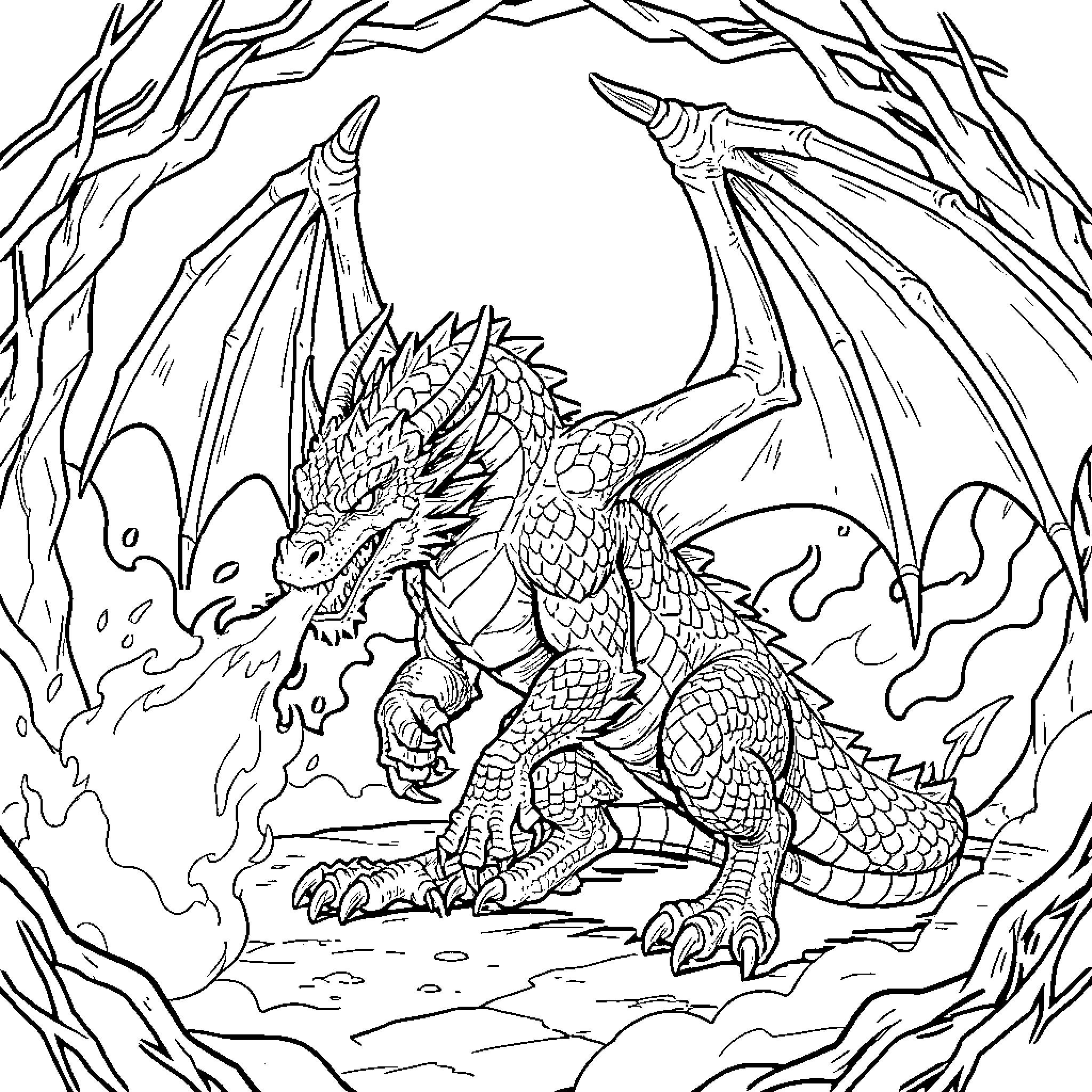 Dragon breathing fire while standing amidst wild branches Coloring Page (free black-and-white line drawing printable PDF for all, from beginners to advanced learners, including children, teens, adults, and seniors)