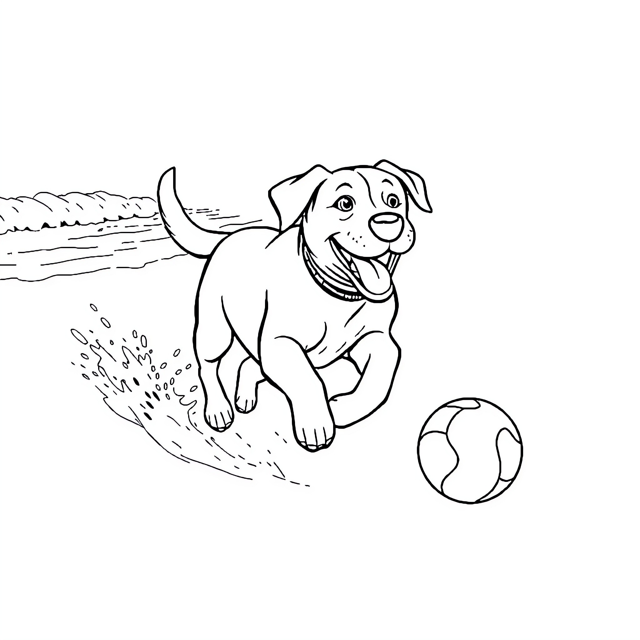 Labrador playing happily with ball on beach Coloring Page (free black-and-white line drawing printable PDF for all, from beginners to advanced learners, including children, teens, adults, and seniors)