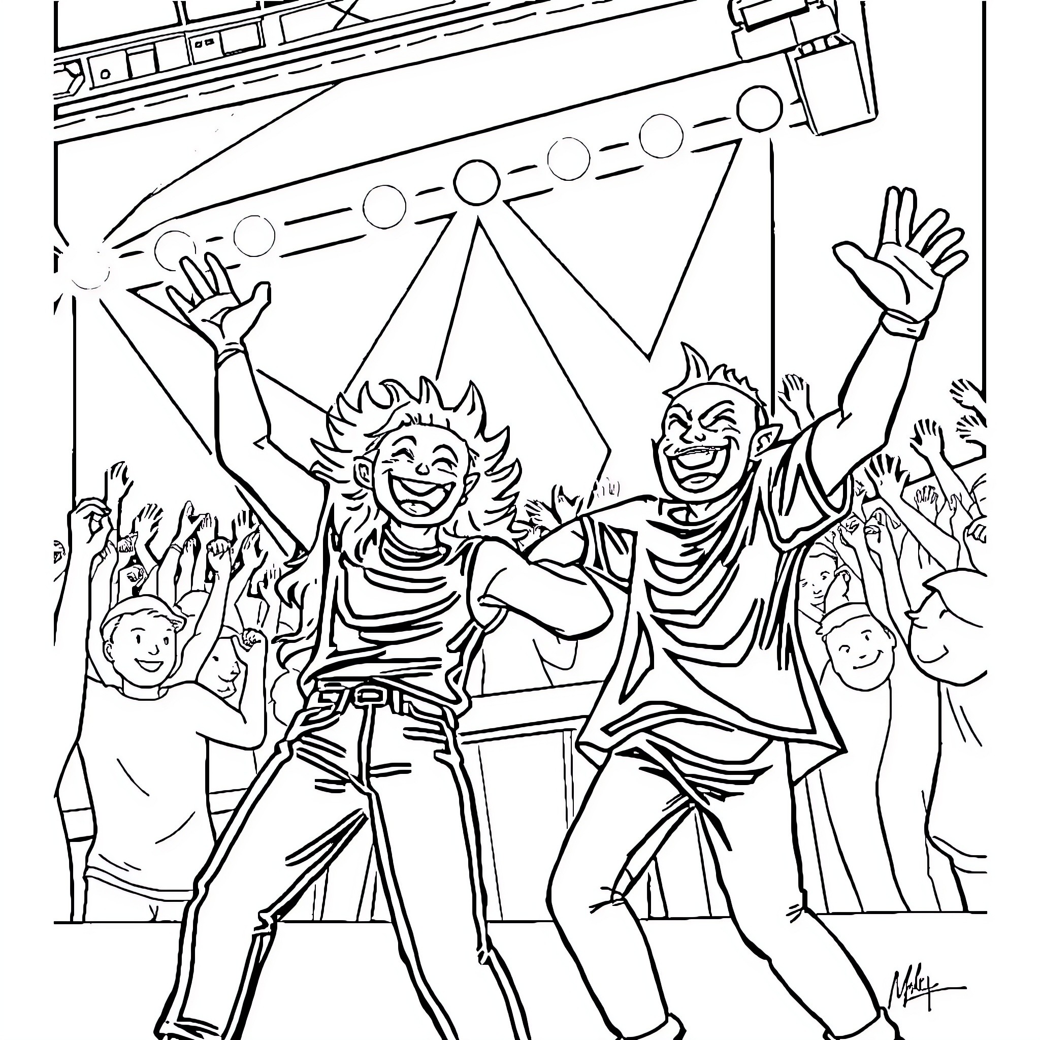 Bluey and friends celebrate at a concert Coloring Page (free black-and-white line drawing printable PDF for all, from beginners to advanced learners, including children, teens, adults, and seniors)