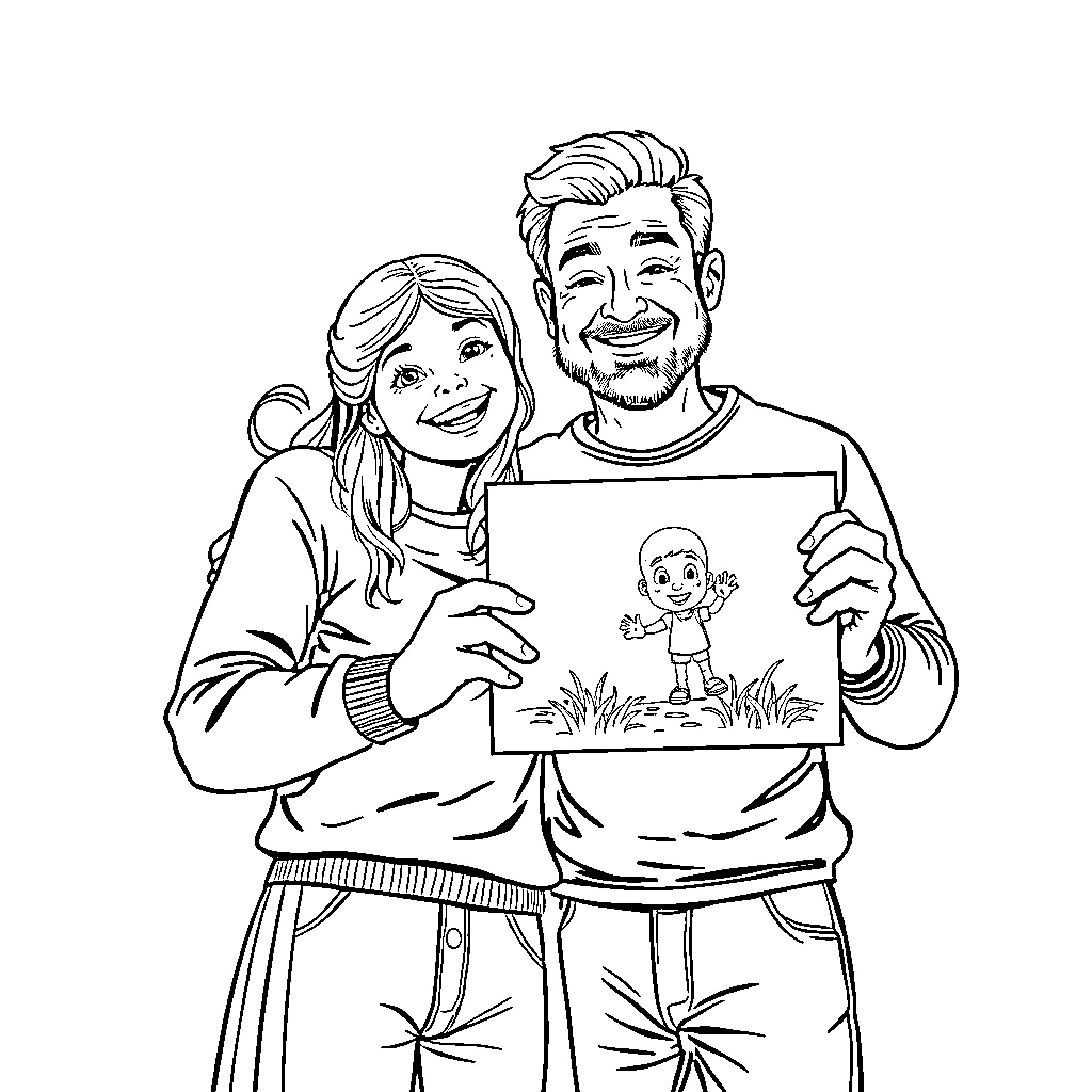 Dad and daughter share a drawing together Coloring Page (free black-and-white line drawing printable PDF for all, from beginners to advanced learners, including children, teens, adults, and seniors)