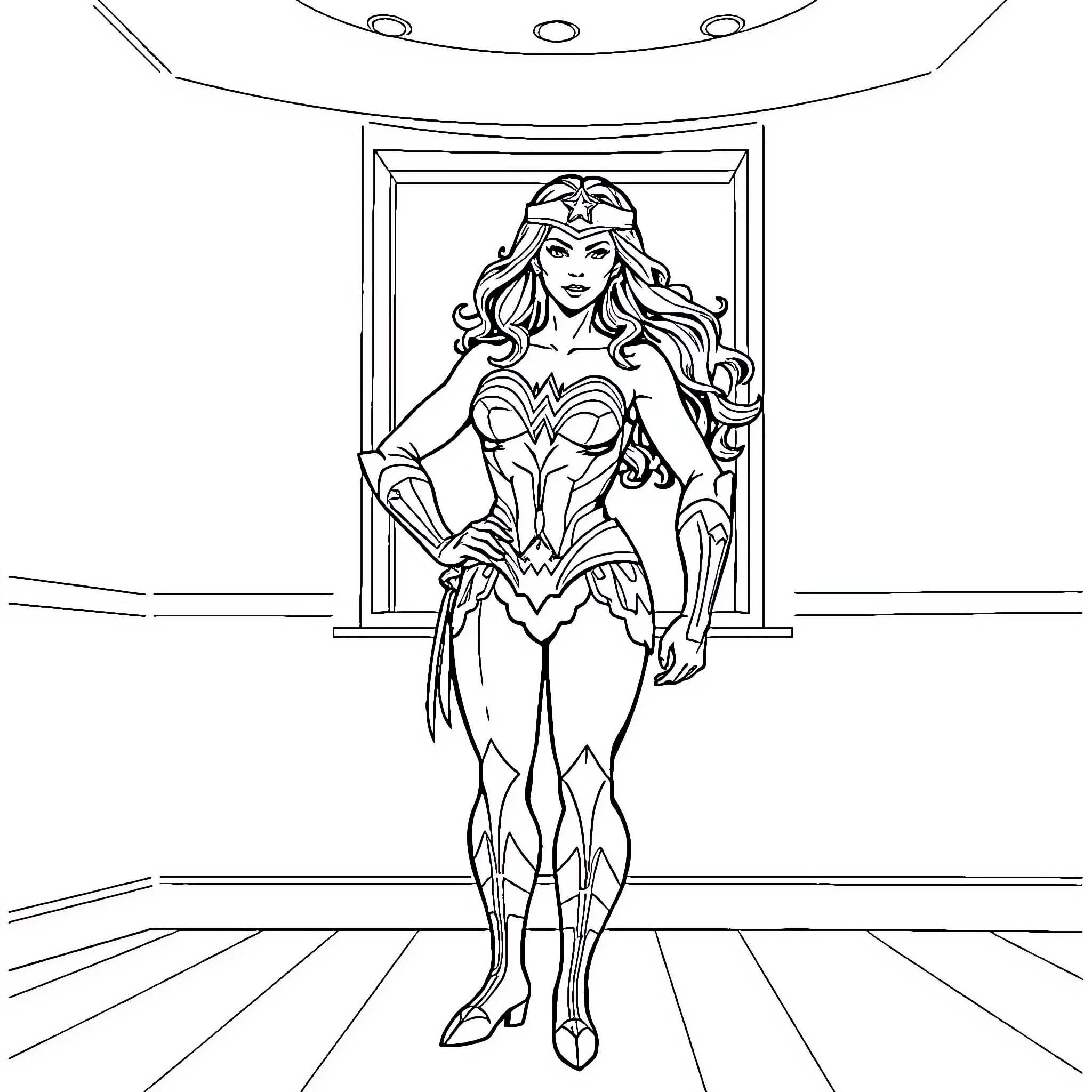 Wonder Woman in powerful heroic pose Coloring Page (free black-and-white line drawing printable PDF for all, from beginners to advanced learners, including children, teens, adults, and seniors)