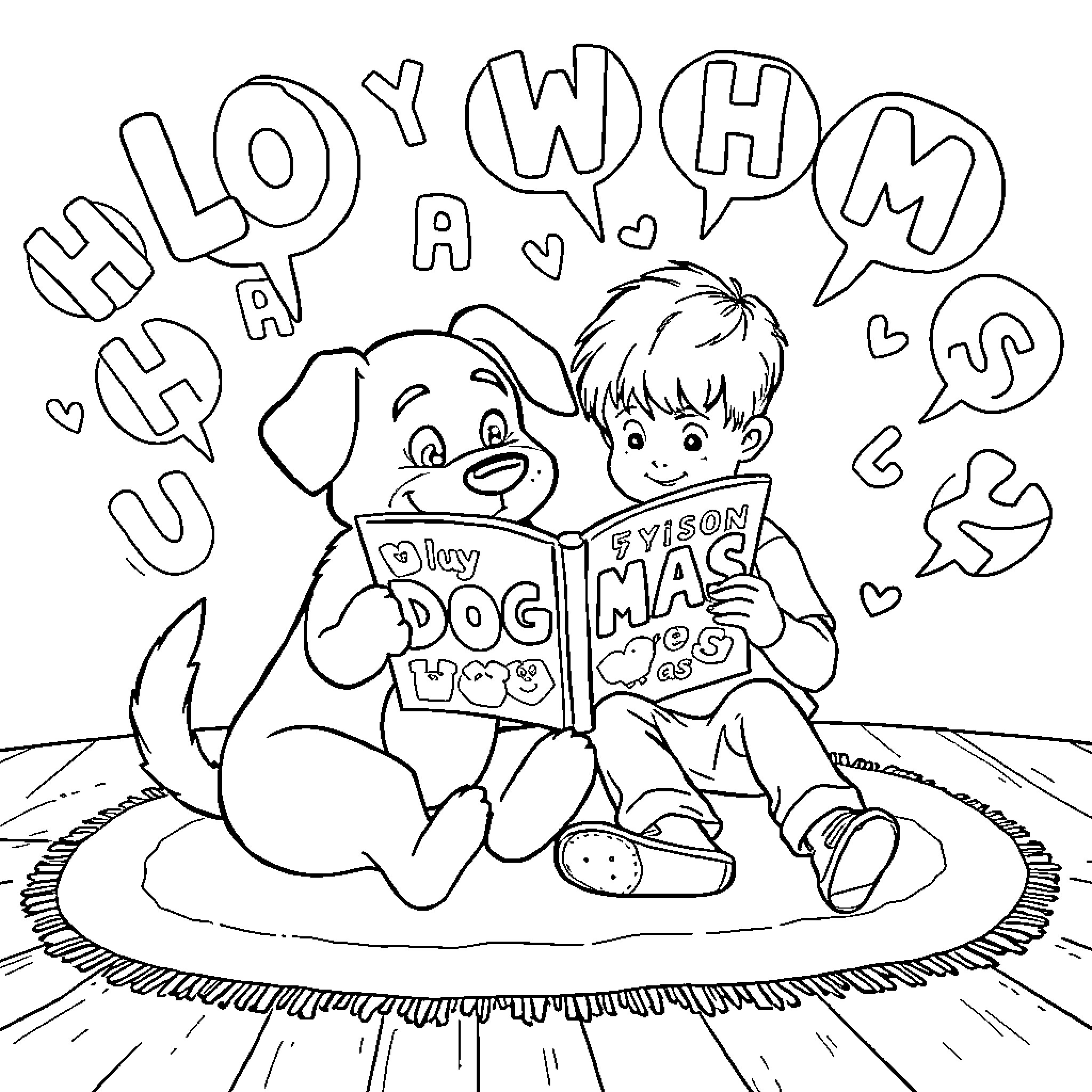 Bluey and Her Friend Reading a Book Coloring Page (free black-and-white line drawing printable PDF for all, from beginners to advanced learners, including children, teens, adults, and seniors)