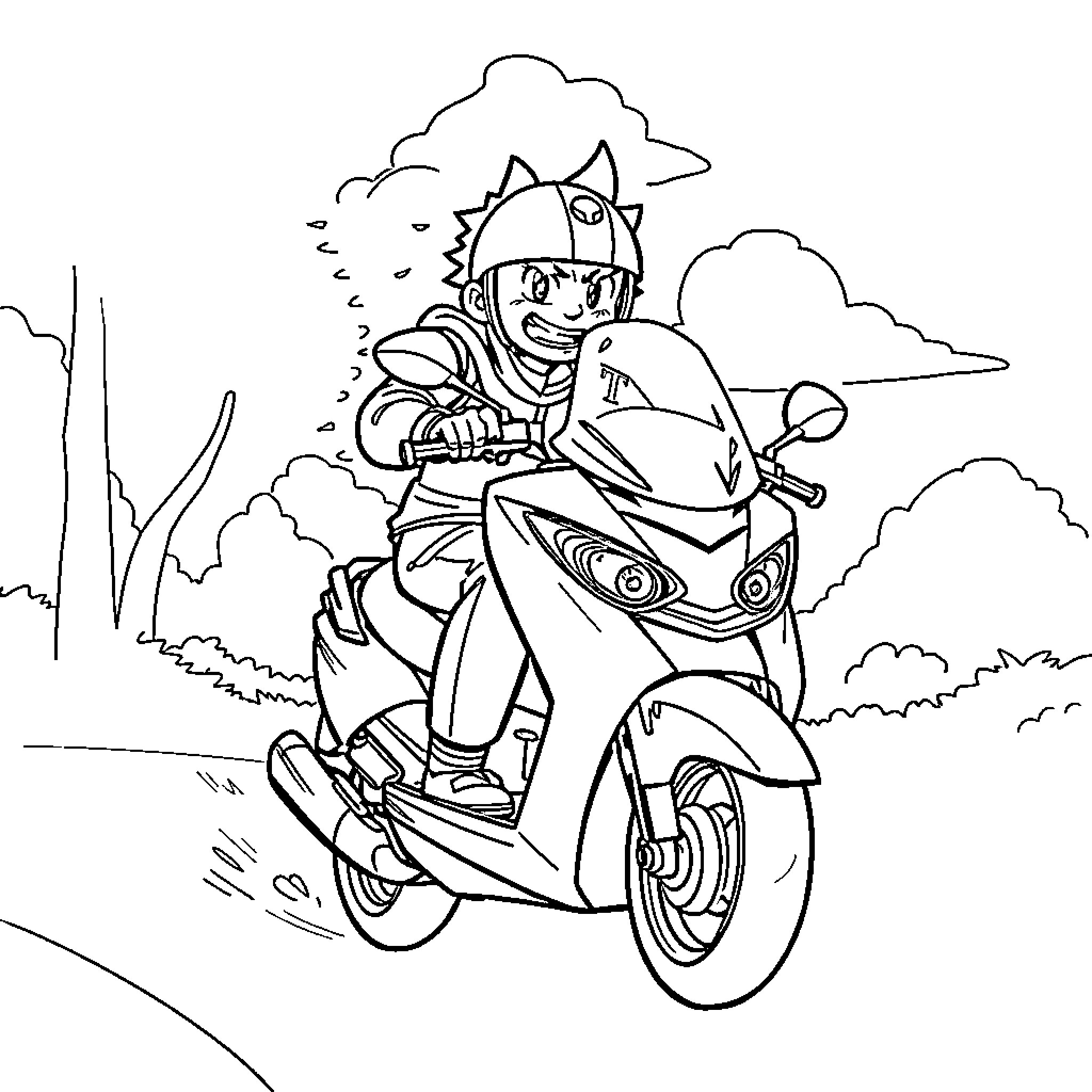 Sangoku riding a motorcycle with determination Coloring Page (free black-and-white line drawing printable PDF for all, from beginners to advanced learners, including children, teens, adults, and seniors)