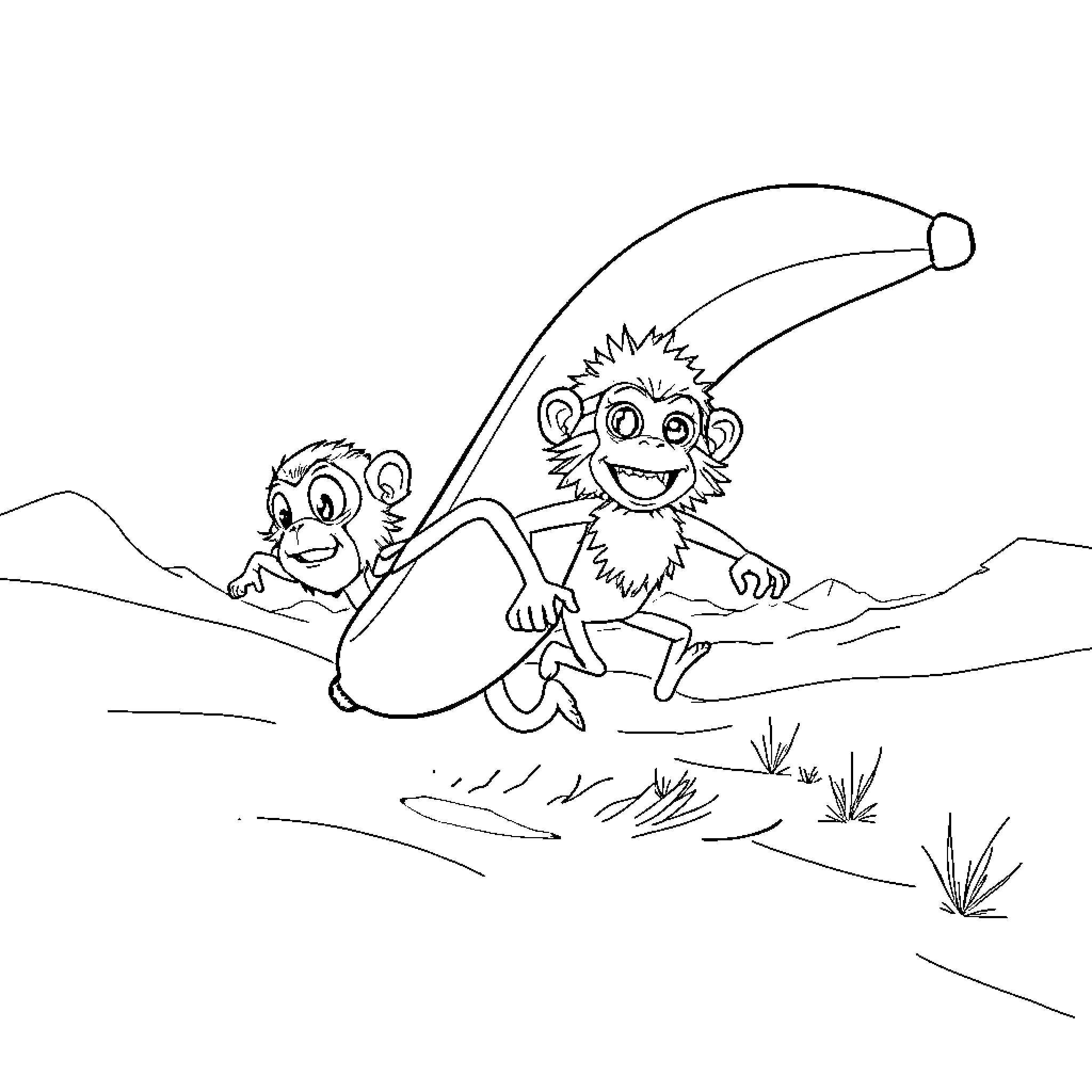 Banana-Shaped Monkeys Swinging in Nature Coloring Page (free black-and-white line drawing printable PDF for all, from beginners to advanced learners, including children, teens, adults, and seniors)