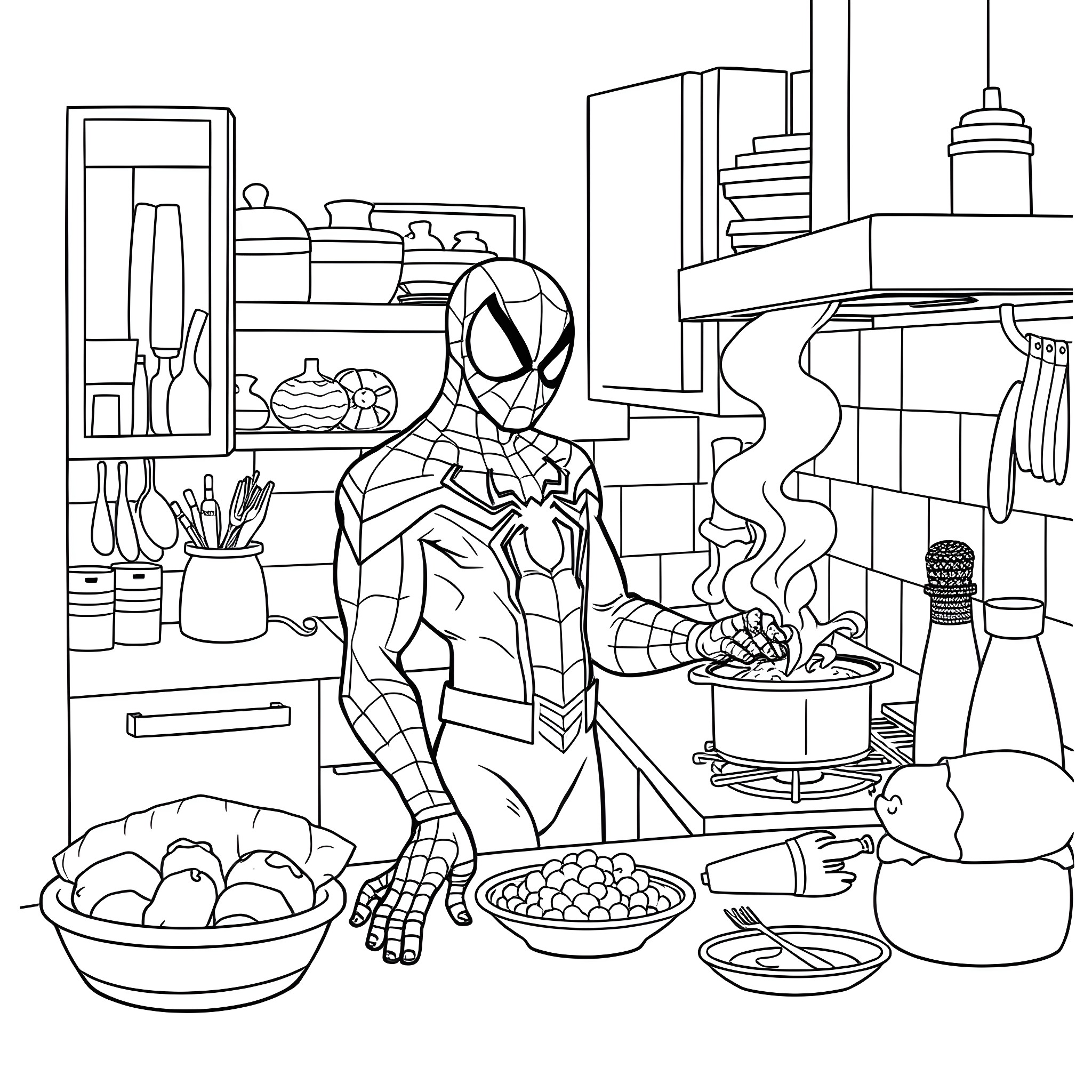 Spiderman cooking in a modern kitchen Coloring Page (free black-and-white line drawing printable PDF for all, from beginners to advanced learners, including children, teens, adults, and seniors)