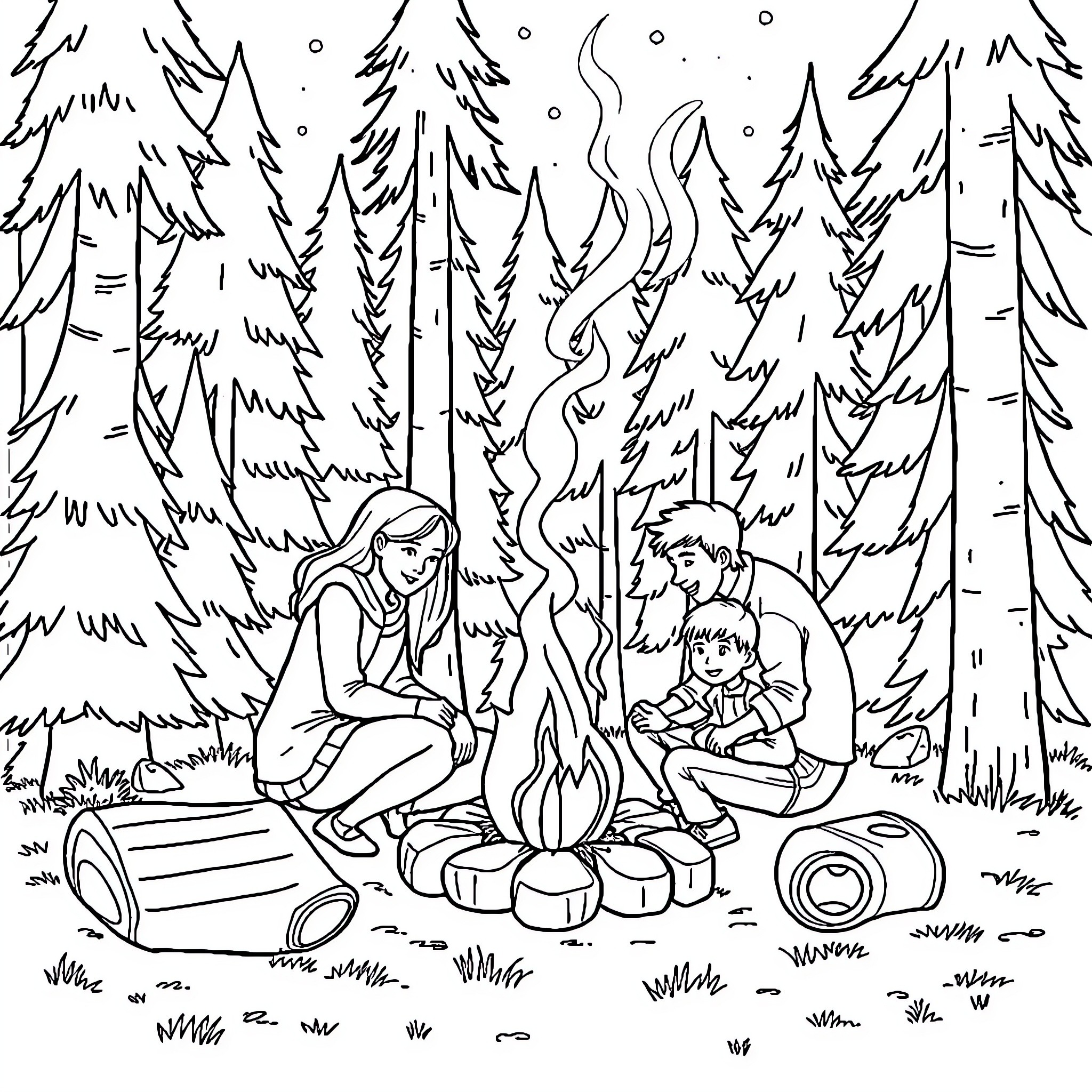 Family Enjoying Campfire in Snowy Forest Coloring Page (free black-and-white line drawing printable PDF for all, from beginners to advanced learners, including children, teens, adults, and seniors)