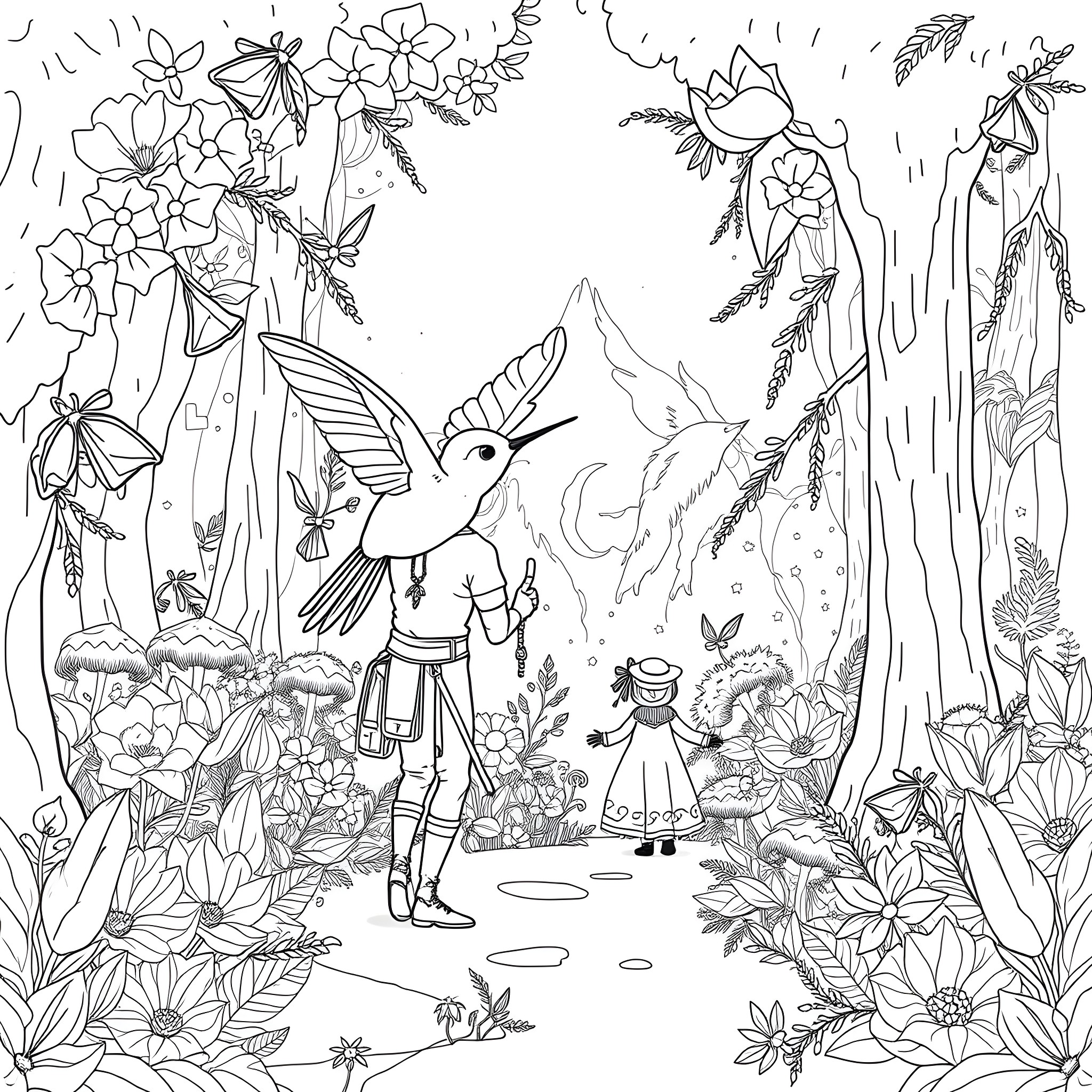 Hummingbird exploring a vibrant floral garden Coloring Page (free black-and-white line drawing printable PDF for all, from beginners to advanced learners, including children, teens, adults, and seniors)