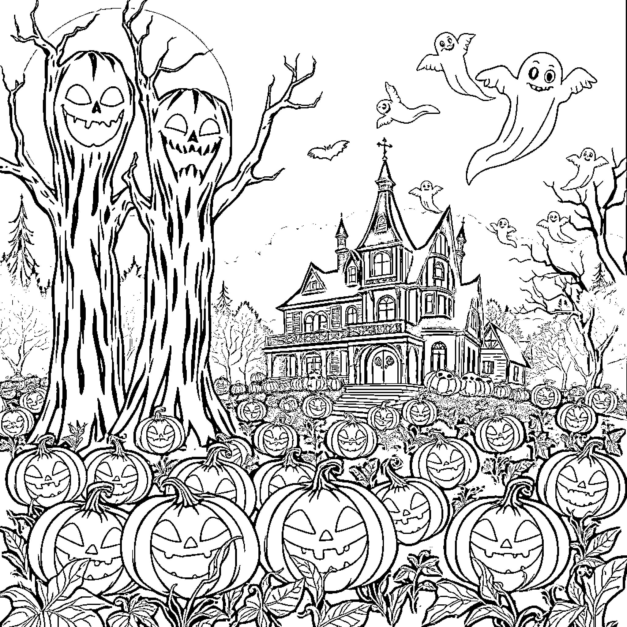 Halloween Haunted House and Spooky Creatures Coloring Page (free black-and-white line drawing printable PDF for all, from beginners to advanced learners, including children, teens, adults, and seniors)