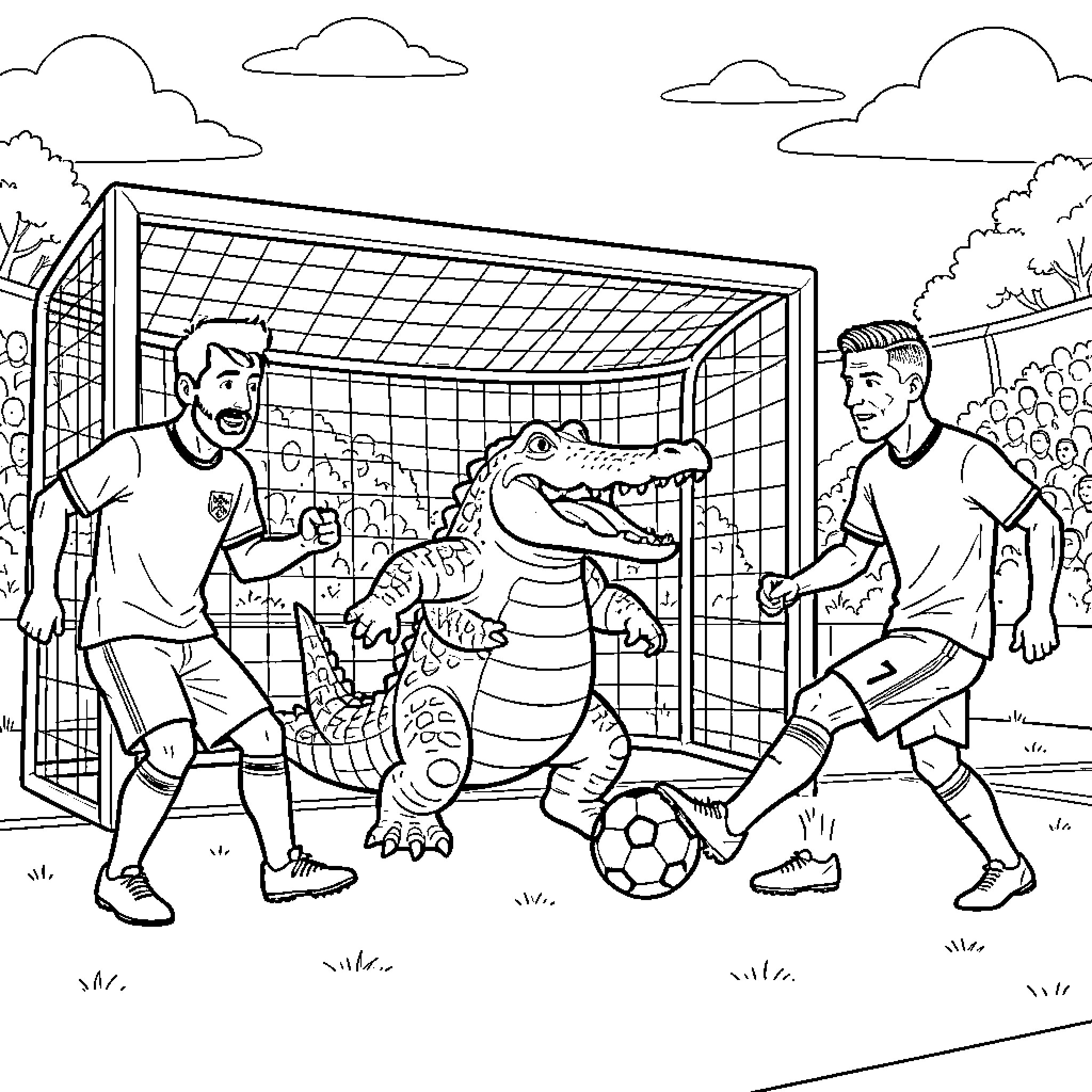 Cocodrilo playing soccer with two happy boys Coloring Page (free black-and-white line drawing printable PDF for all, from beginners to advanced learners, including children, teens, adults, and seniors)