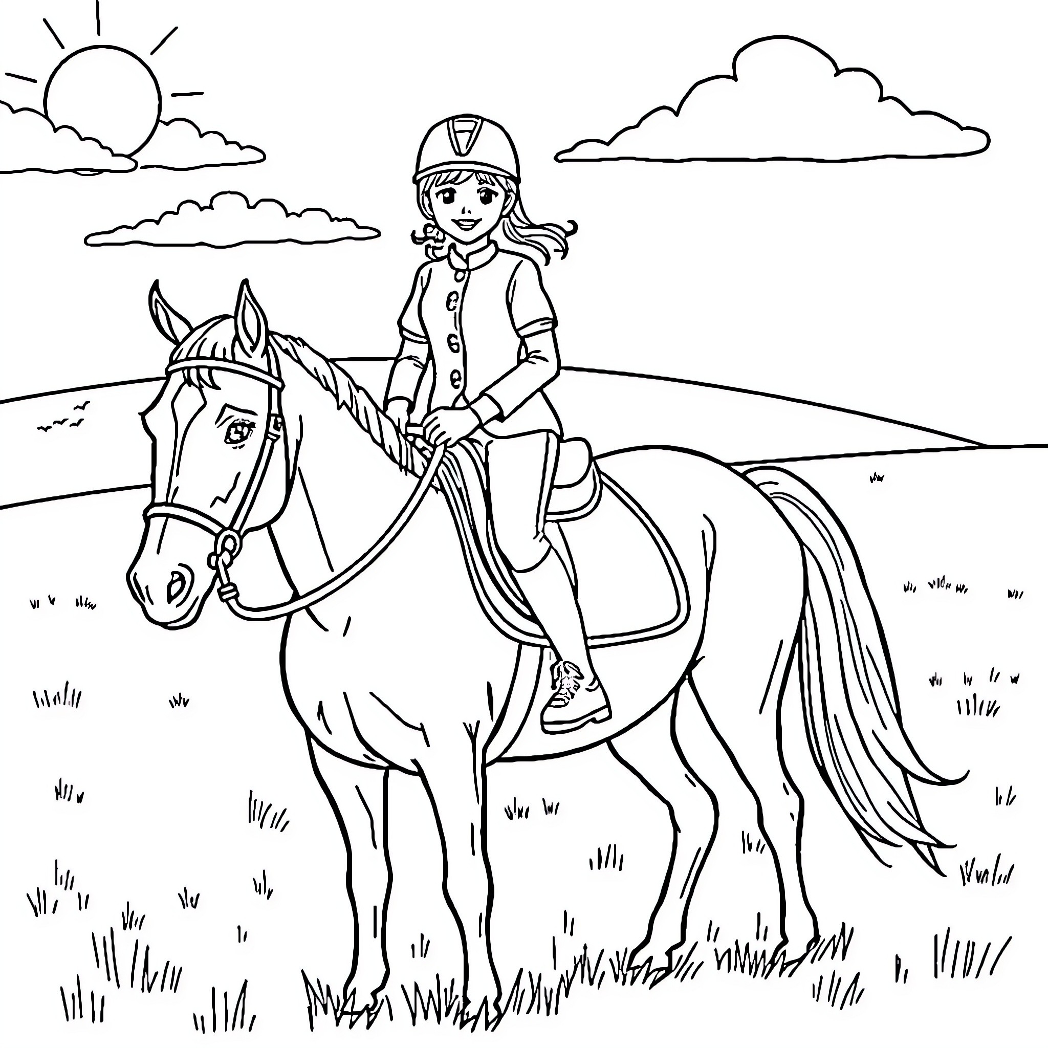 Girl riding a horse in the countryside Coloring Page (free black-and-white line drawing printable PDF for all, from beginners to advanced learners, including children, teens, adults, and seniors)