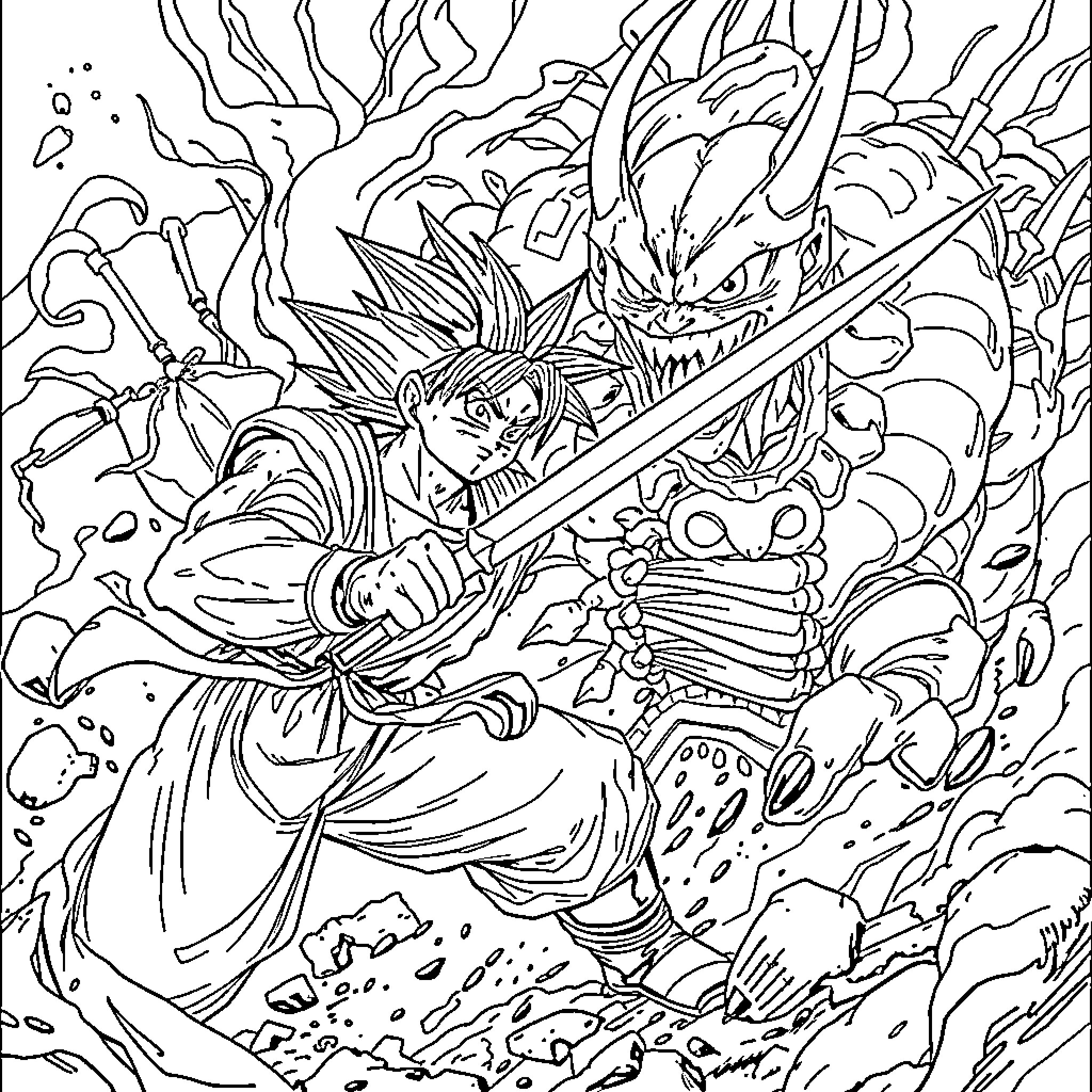 Goku Black fighting with cosmic energy Coloring Page (free black-and-white line drawing printable PDF for all, from beginners to advanced learners, including children, teens, adults, and seniors)
