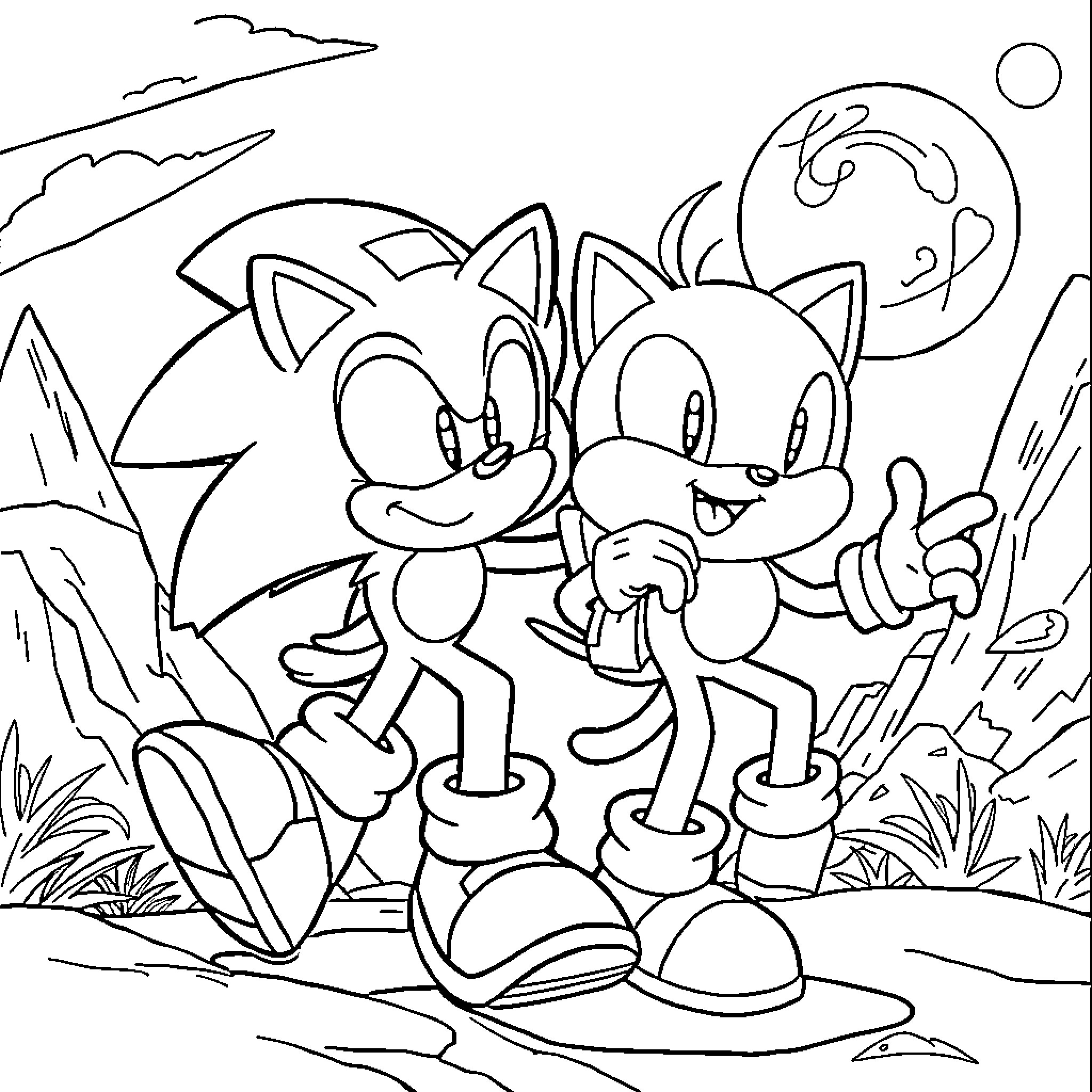 Sonic and Tails walking together and smiling Coloring Page (free black-and-white line drawing printable PDF for all, from beginners to advanced learners, including children, teens, adults, and seniors)