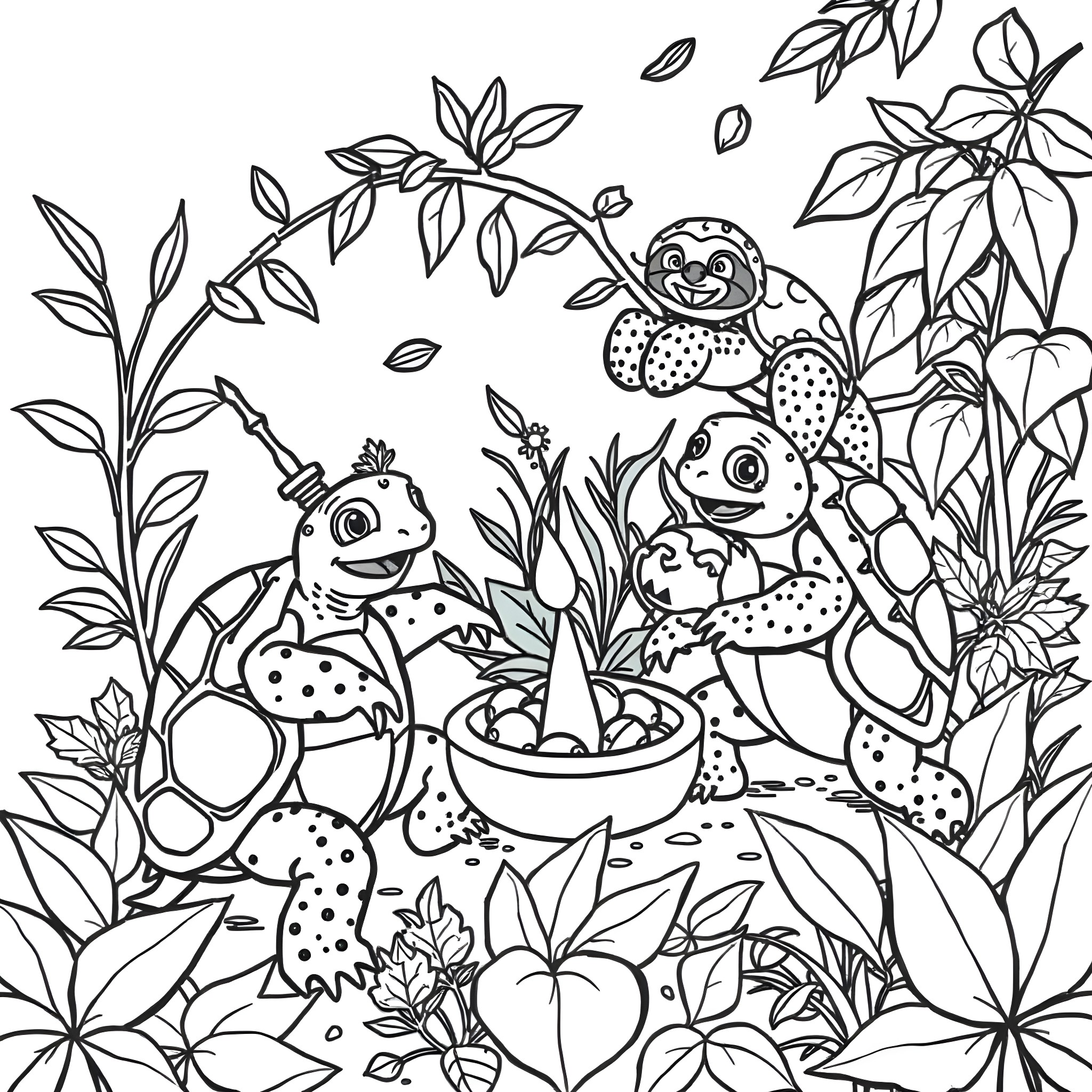 Turtle family playing in lush garden Coloring Page (free black-and-white line drawing printable PDF for all, from beginners to advanced learners, including children, teens, adults, and seniors)