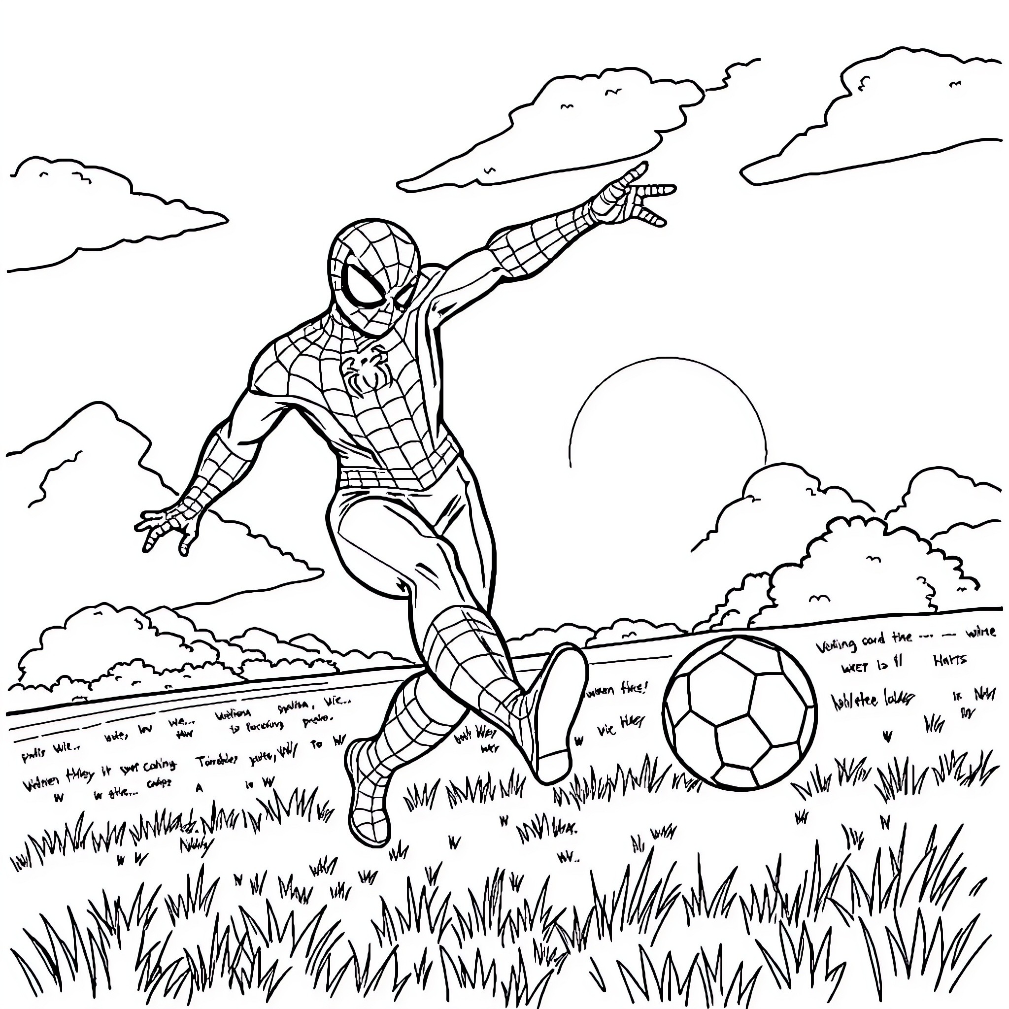 Spiderman swinging through the clouds with a soccer ball Coloring Page (free black-and-white line drawing printable PDF for all, from beginners to advanced learners, including children, teens, adults, and seniors)