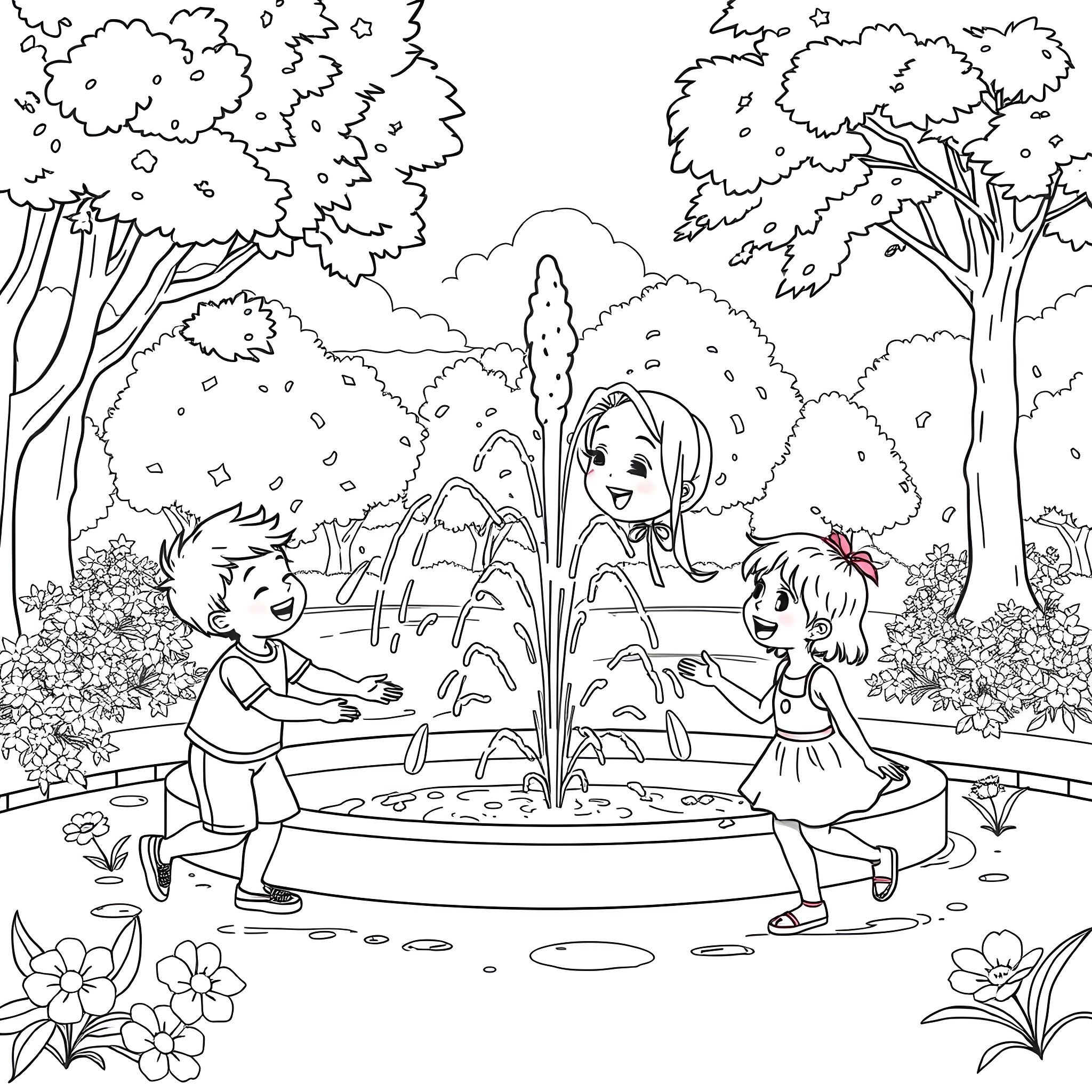 Kid playing joyfully in the park fountain Coloring Page (free black-and-white line drawing printable PDF for all, from beginners to advanced learners, including children, teens, adults, and seniors)