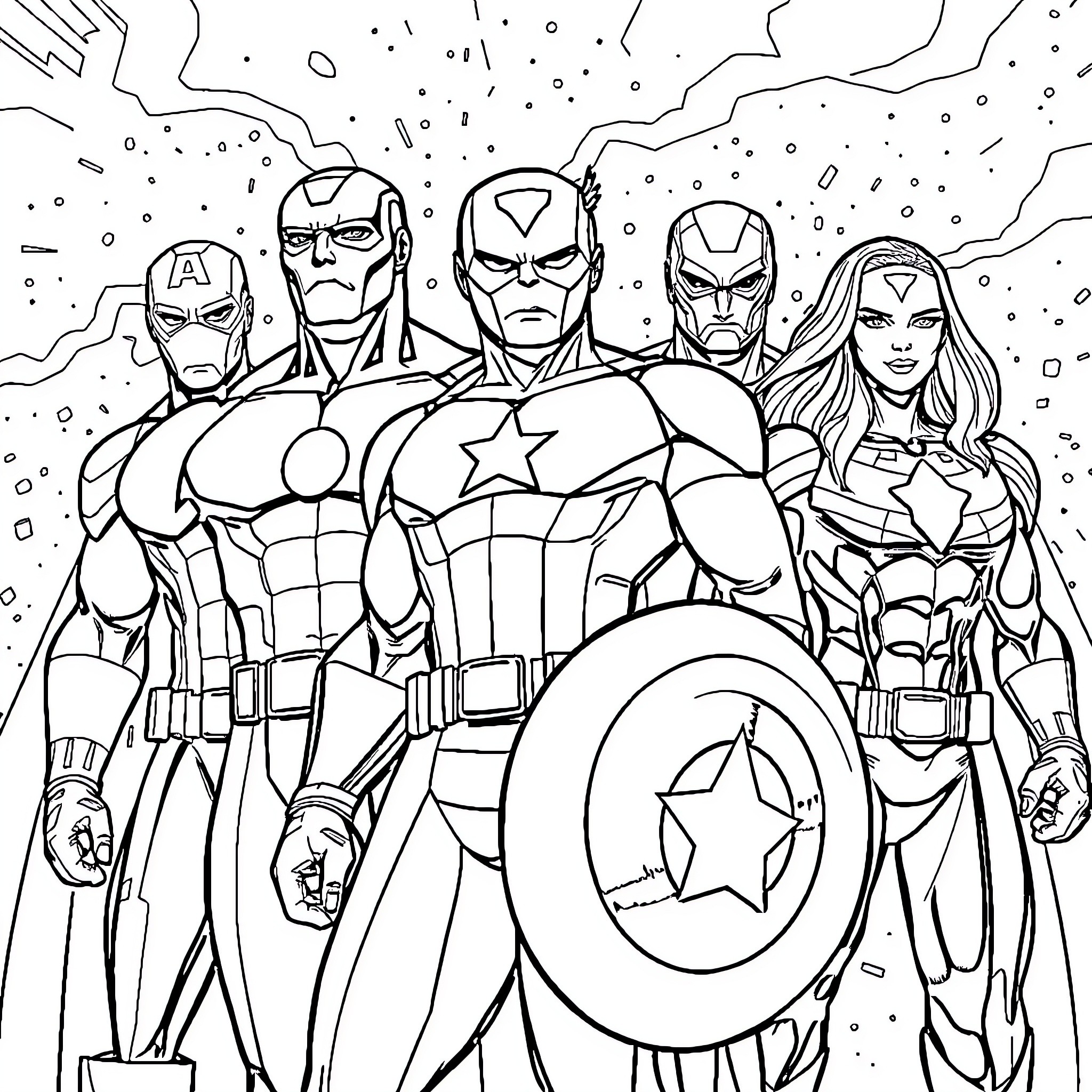 Avenger Heroes Assembled for a Heroic Mission Coloring Page (free black-and-white line drawing printable PDF for all, from beginners to advanced learners, including children, teens, adults, and seniors)
