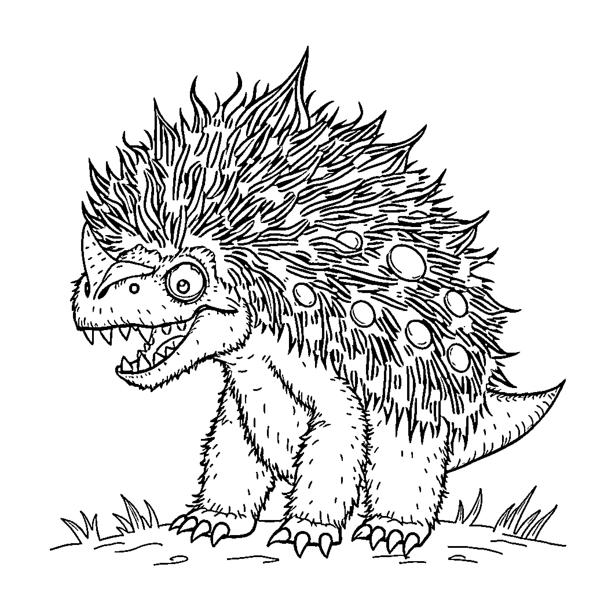 Monster with Spiky Fur Baring Its Teeth Coloring Page (free black-and-white line drawing printable PDF for all, from beginners to advanced learners, including children, teens, adults, and seniors)