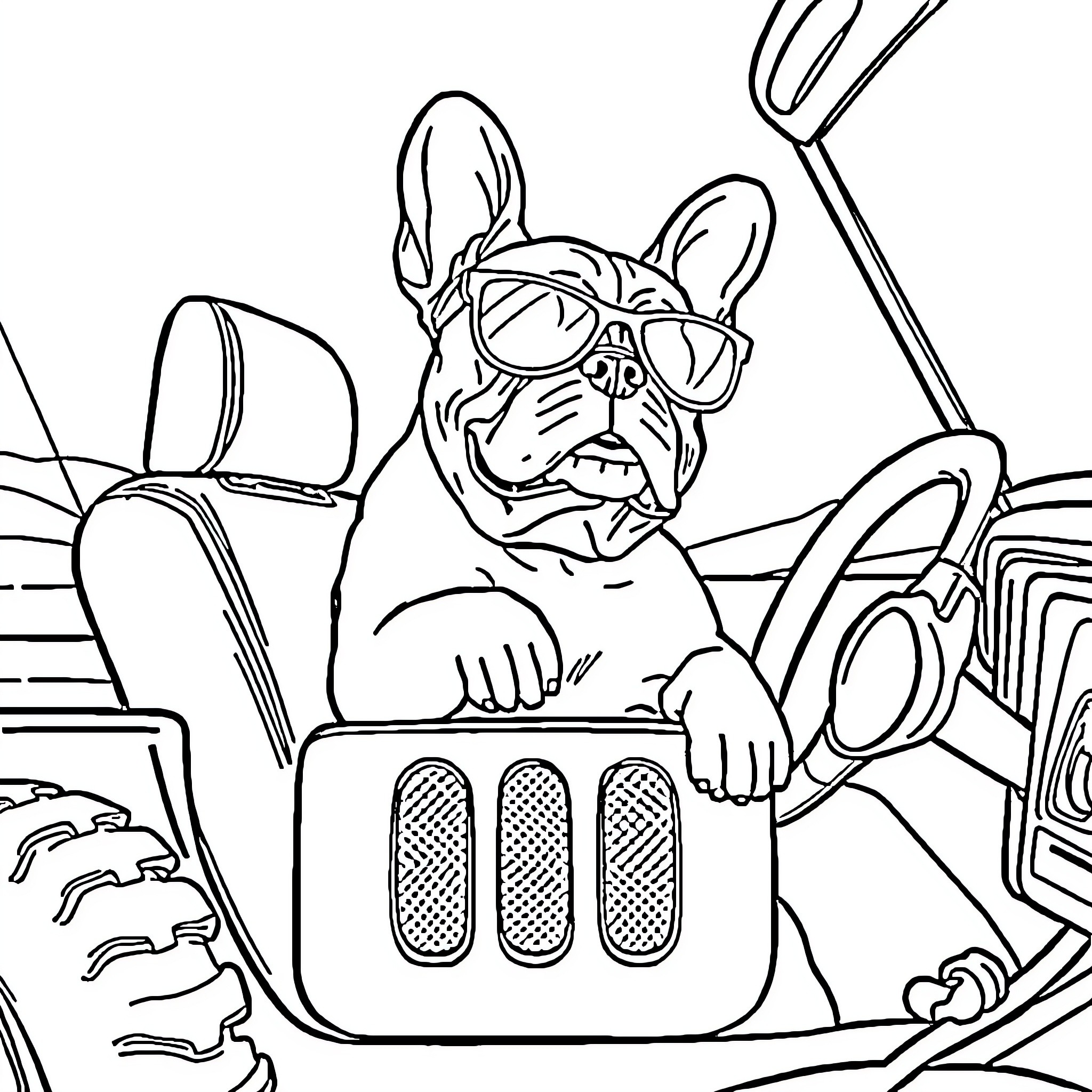 French Bulldog driving a retro car with sunglasses Coloring Page (free black-and-white line drawing printable PDF for all, from beginners to advanced learners, including children, teens, adults, and seniors)