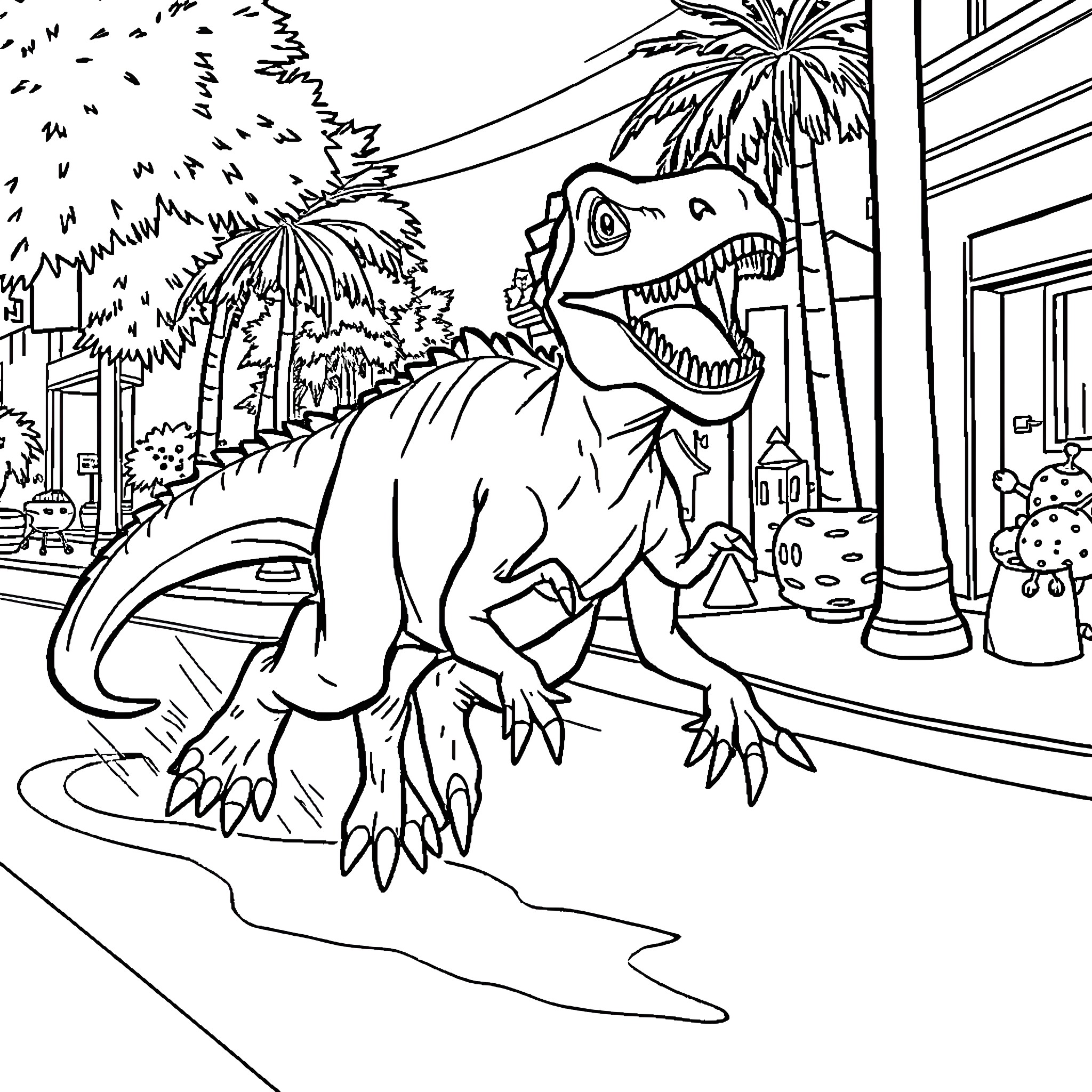 Velociraptor stalking through urban jungle landscape Coloring Page (free black-and-white line drawing printable PDF for all, from beginners to advanced learners, including children, teens, adults, and seniors)