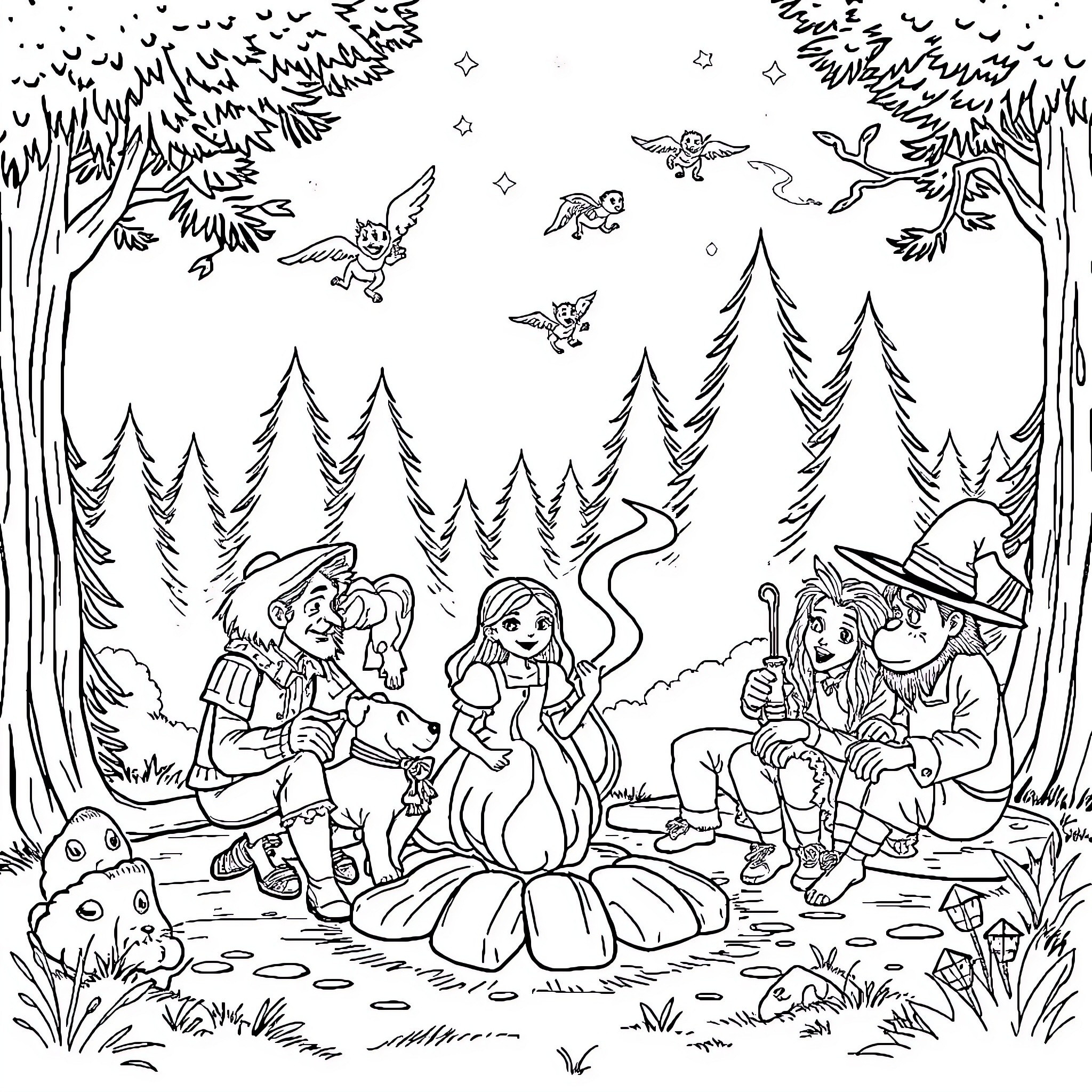 Wizard and friends gather in magical forest Coloring Page (free black-and-white line drawing printable PDF for all, from beginners to advanced learners, including children, teens, adults, and seniors)