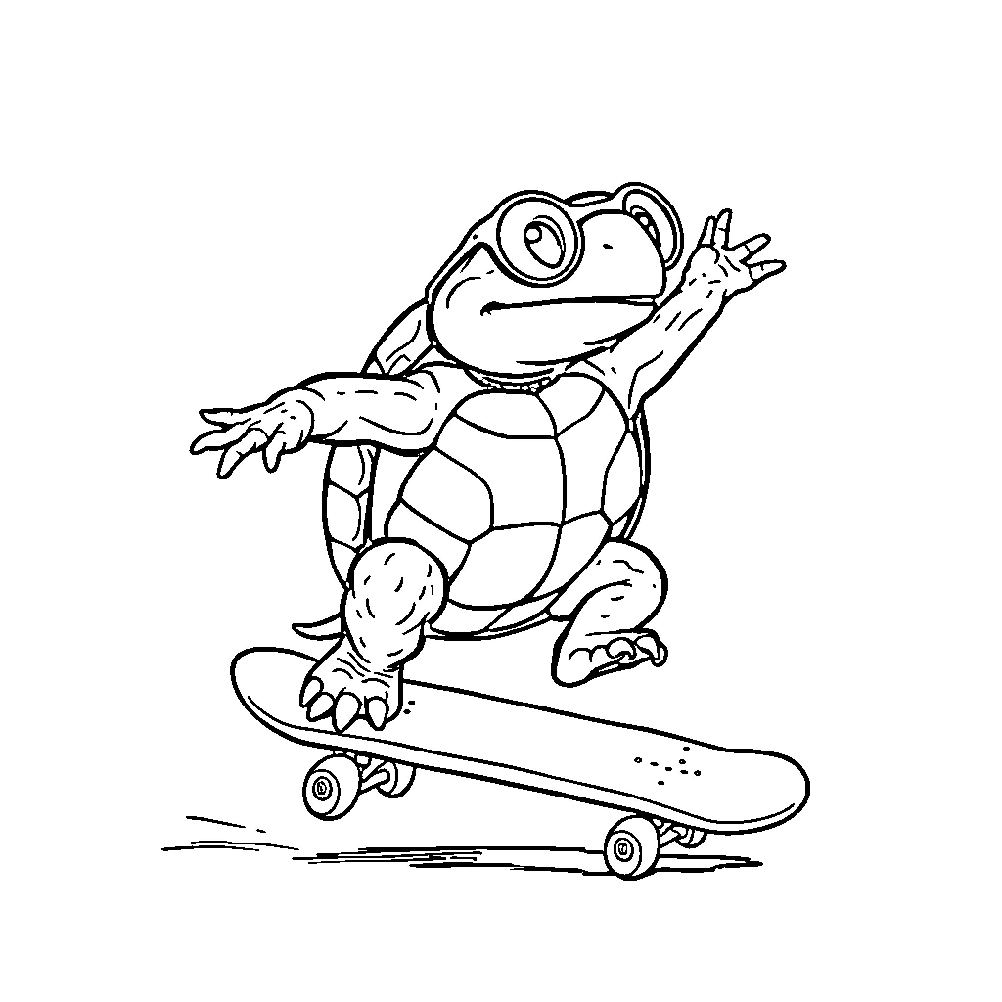 Tortoise skateboarding with excitement Coloring Page (free black-and-white line drawing printable PDF for all, from beginners to advanced learners, including children, teens, adults, and seniors)