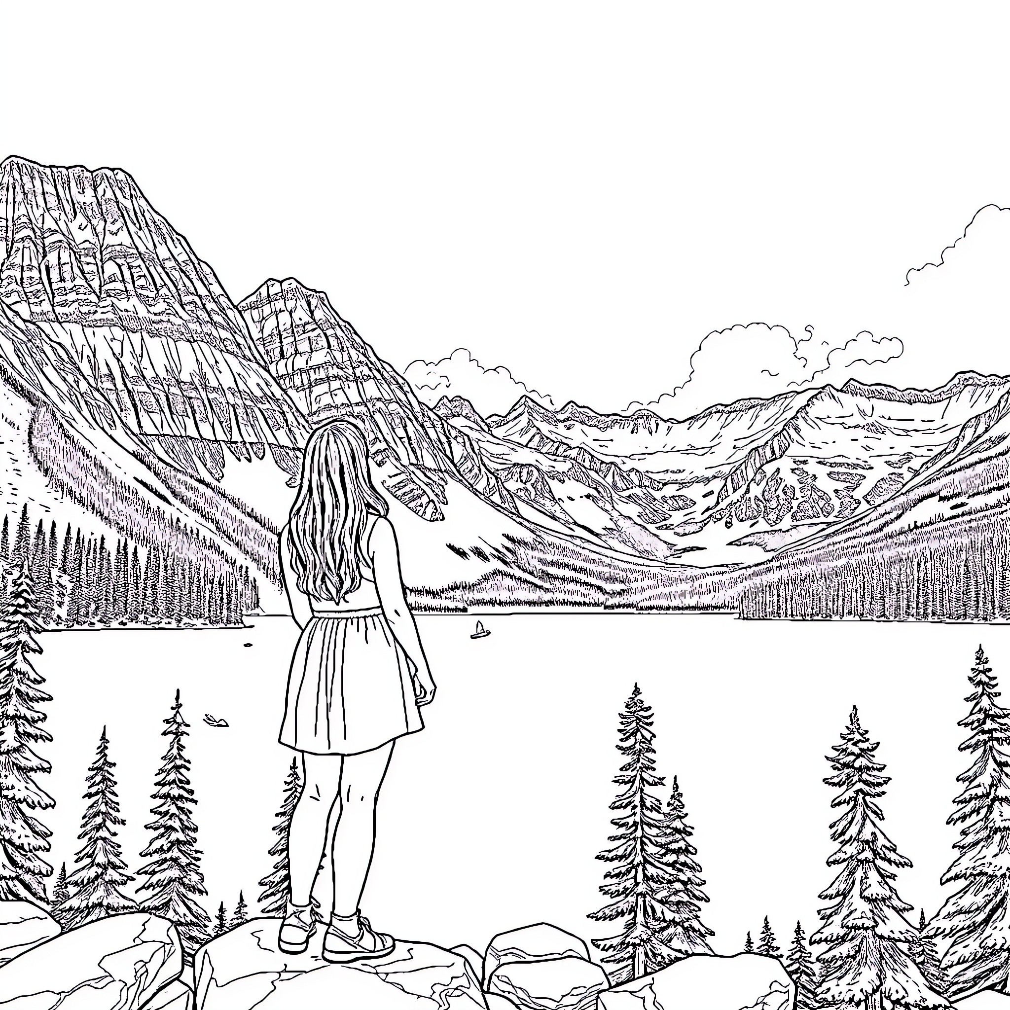Lady enjoys scenic mountain landscape with lake Coloring Page (free black-and-white line drawing printable PDF for all, from beginners to advanced learners, including children, teens, adults, and seniors)