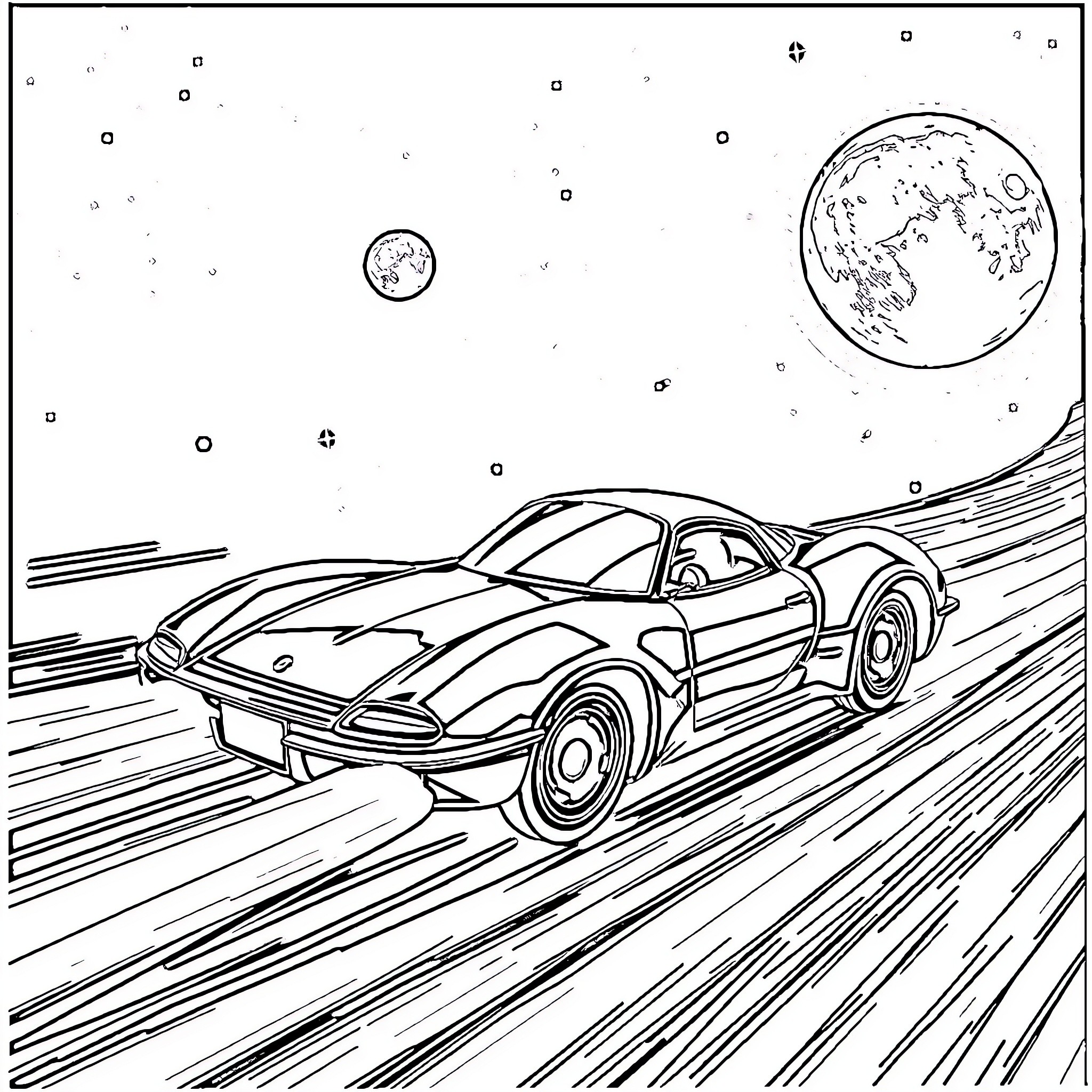 Space Car speeding through cosmic landscape Coloring Page (free black-and-white line drawing printable PDF for all, from beginners to advanced learners, including children, teens, adults, and seniors)