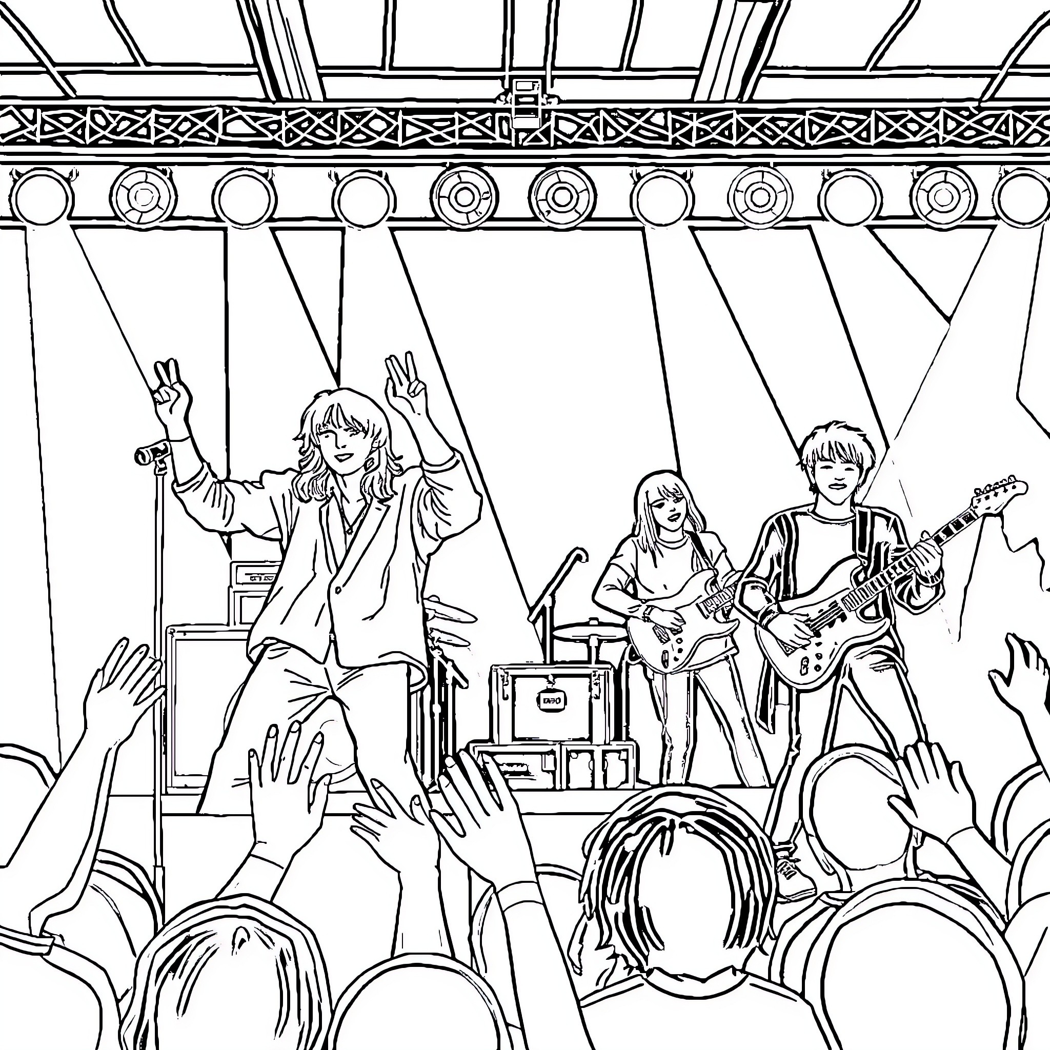 K-Pop Band Performing Energetic Live Show Coloring Page (free black-and-white line drawing printable PDF for all, from beginners to advanced learners, including children, teens, adults, and seniors)