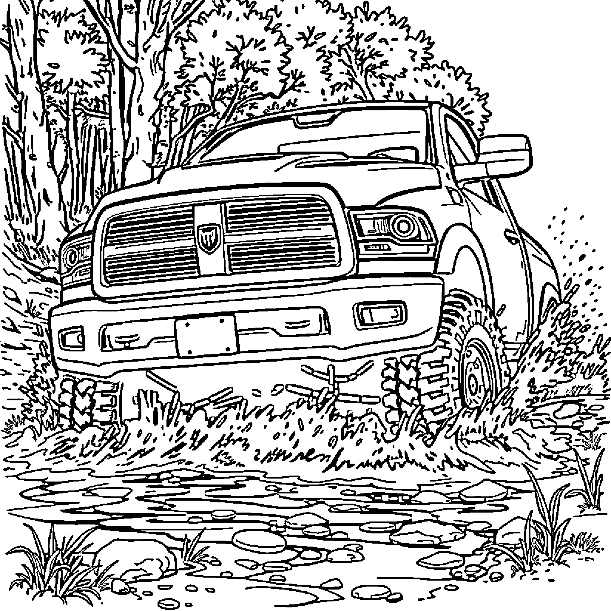 Dodge Truck navigating through the wilderness Coloring Page (free black-and-white line drawing printable PDF for all, from beginners to advanced learners, including children, teens, adults, and seniors)