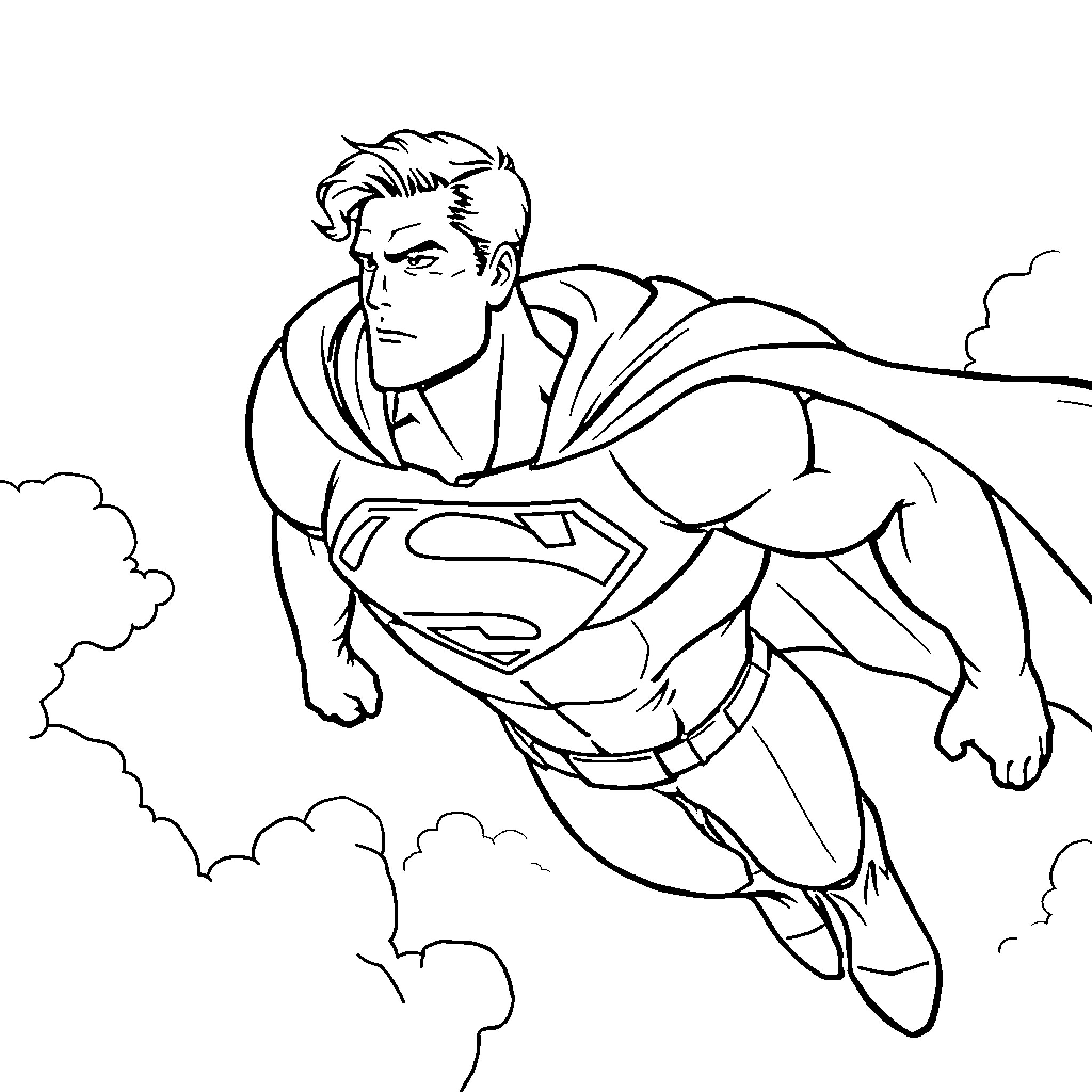 Superman soaring through the sky Coloring Page (free black-and-white line drawing printable PDF for all, from beginners to advanced learners, including children, teens, adults, and seniors)