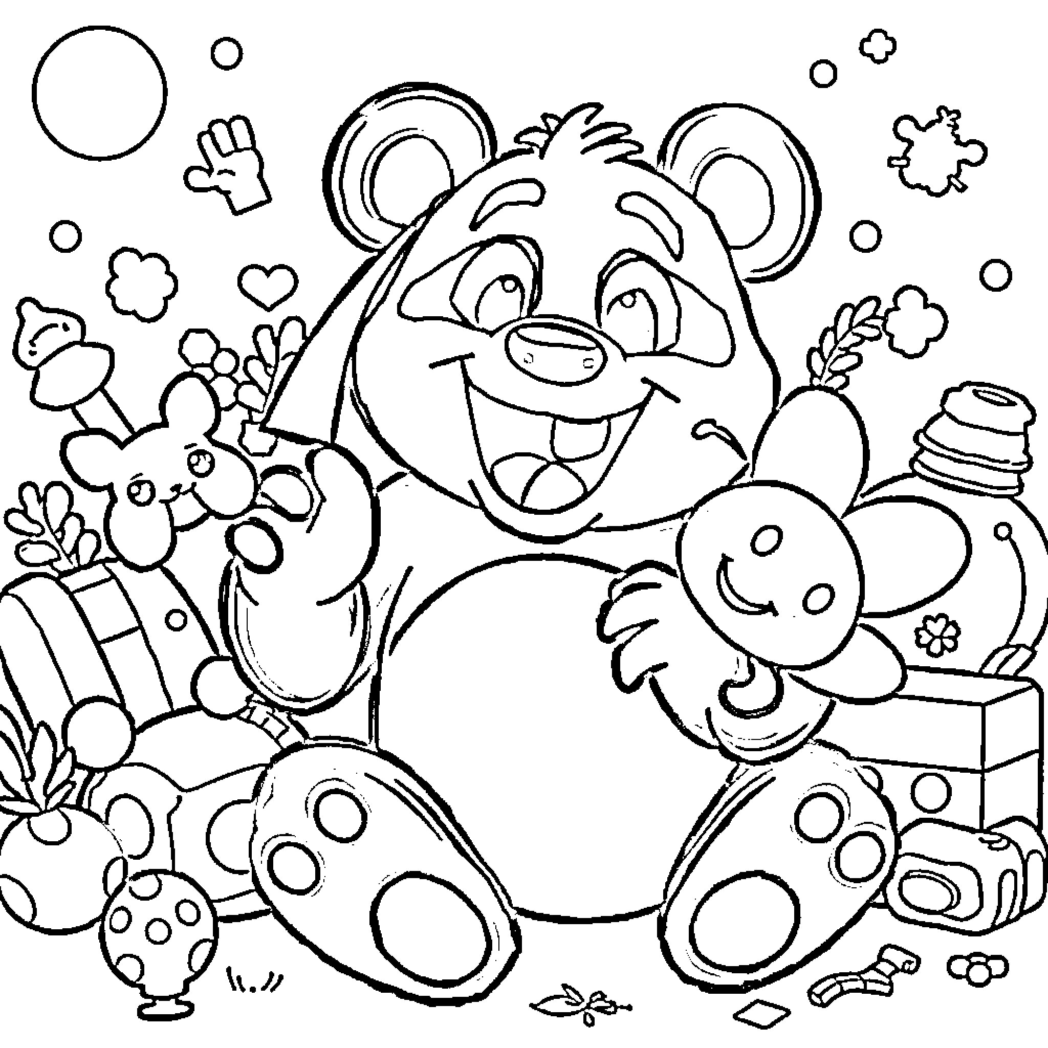 Panda playing with colorful friends and toys Coloring Page (free black-and-white line drawing printable PDF for all, from beginners to advanced learners, including children, teens, adults, and seniors)