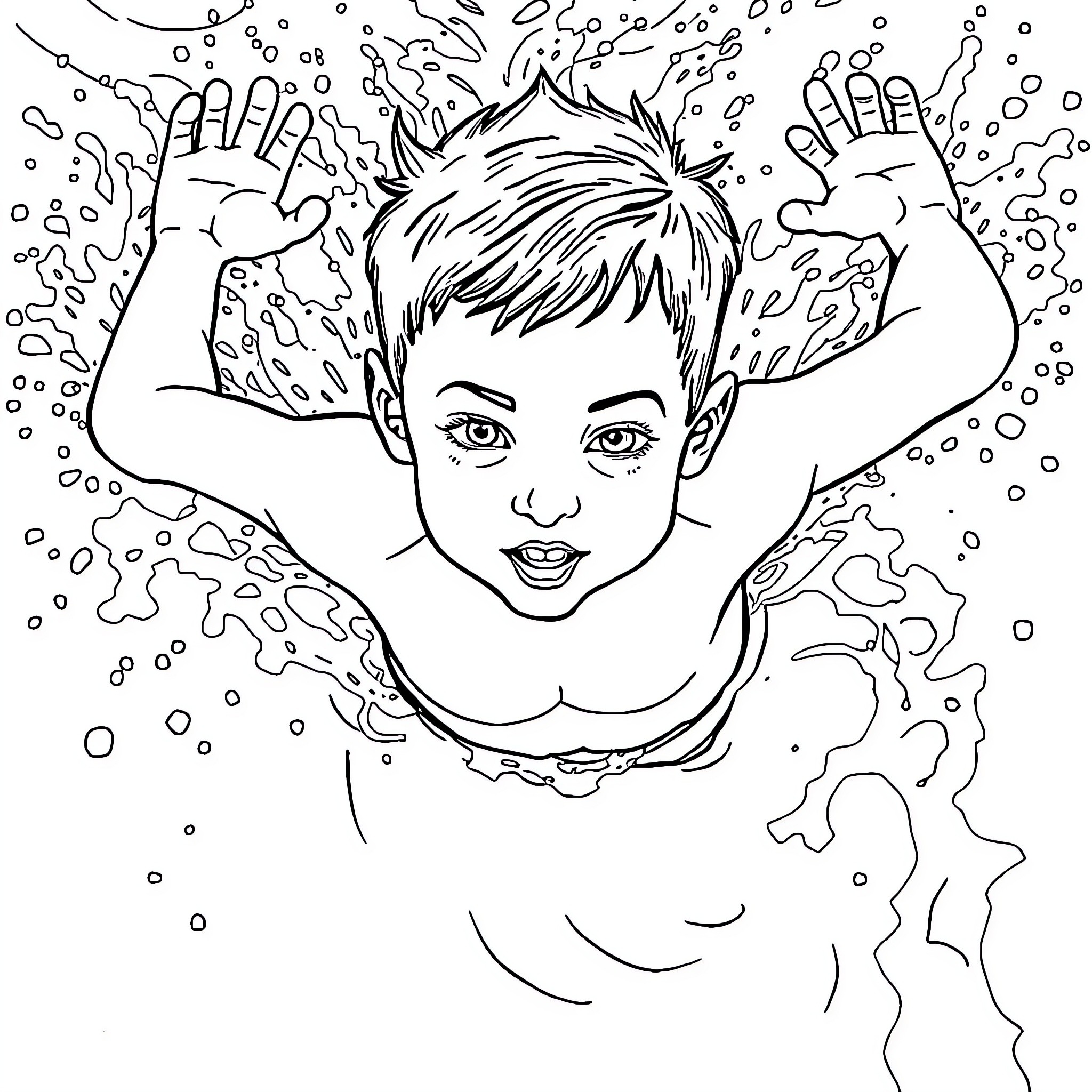 Boy Splashing Happily in the Water Coloring Page (free black-and-white line drawing printable PDF for all, from beginners to advanced learners, including children, teens, adults, and seniors)