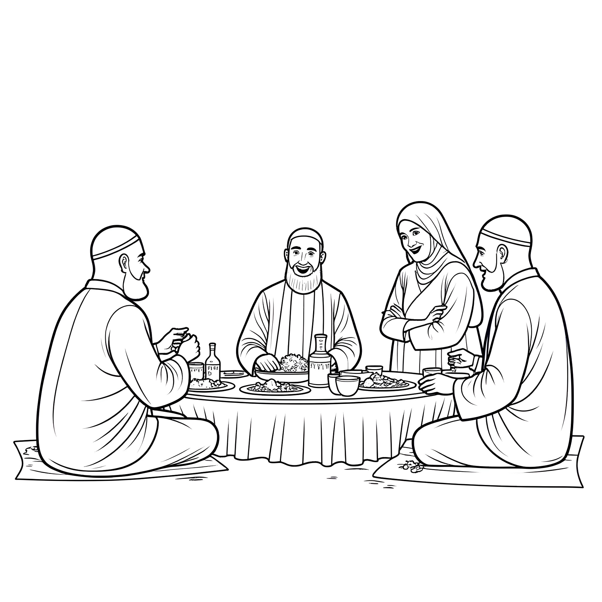 Sahur gathering of a Muslim family Coloring Page (free black-and-white line drawing printable PDF for all, from beginners to advanced learners, including children, teens, adults, and seniors)