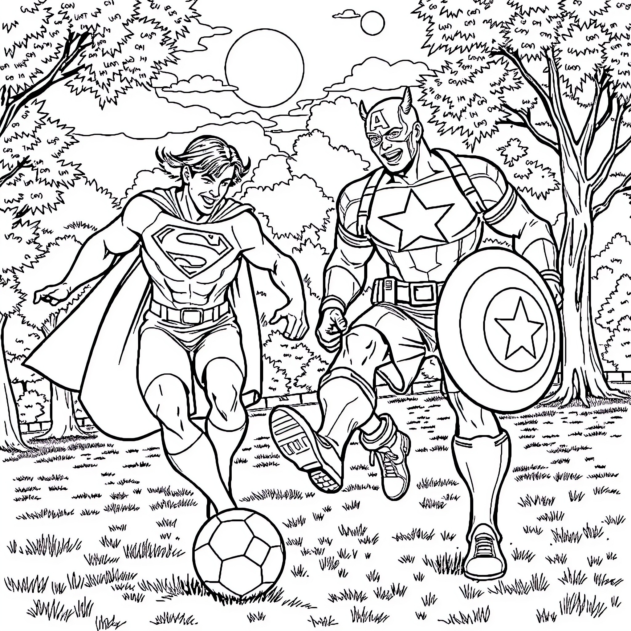 Superman and Captain America playing soccer in the park Coloring Page (free black-and-white line drawing printable PDF for all, from beginners to advanced learners, including children, teens, adults, and seniors)