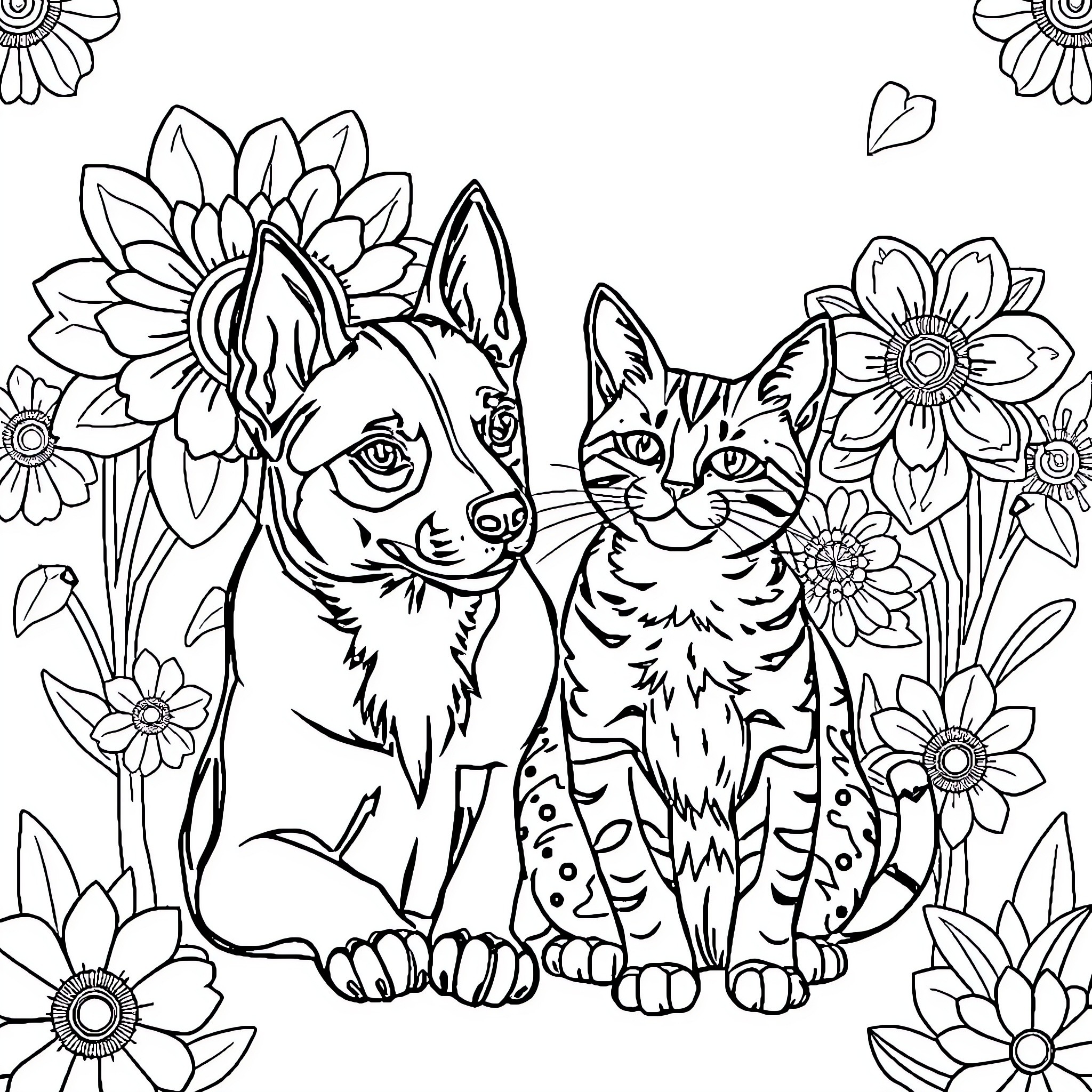 Malinois and Feline Floral Companions Coloring Page (free black-and-white line drawing printable PDF for all, from beginners to advanced learners, including children, teens, adults, and seniors)