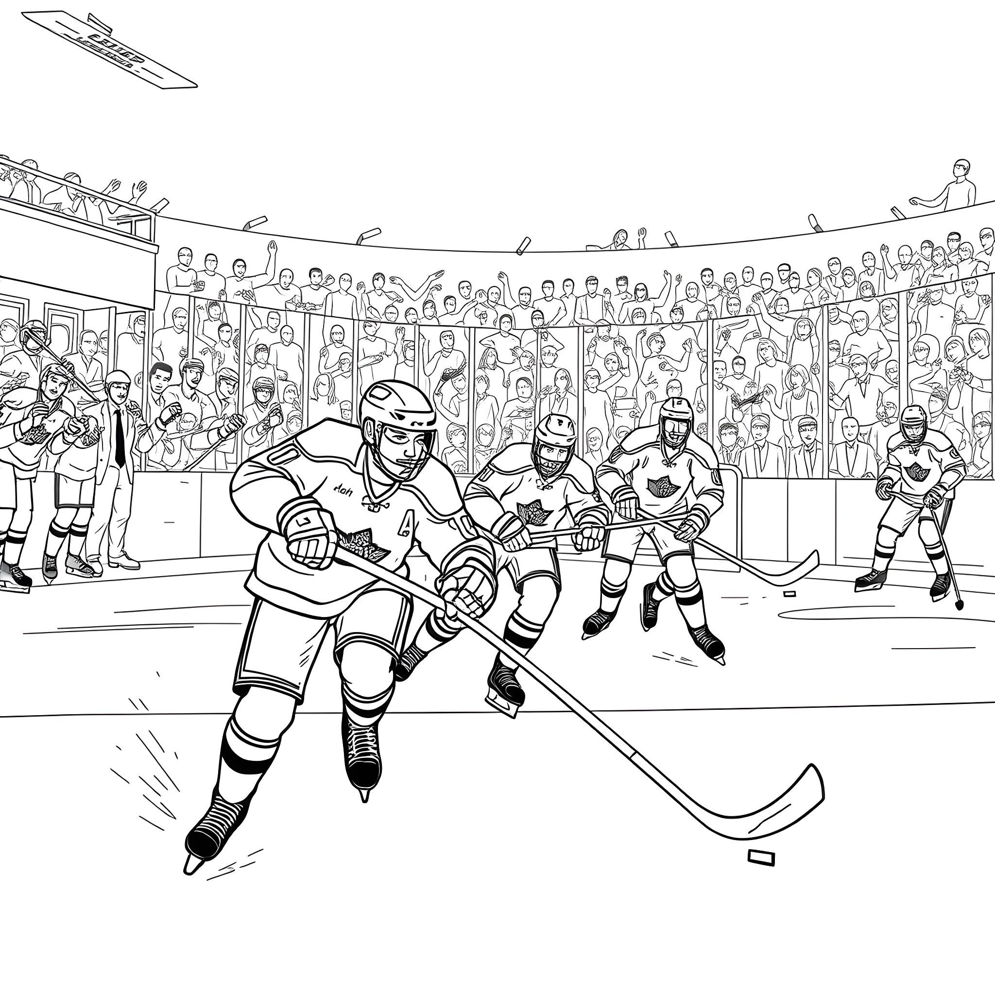 Hockey Players in Intense Match on Rink with Spectators Coloring Page (free black-and-white line drawing printable PDF for all, from beginners to advanced learners, including children, teens, adults, and seniors)