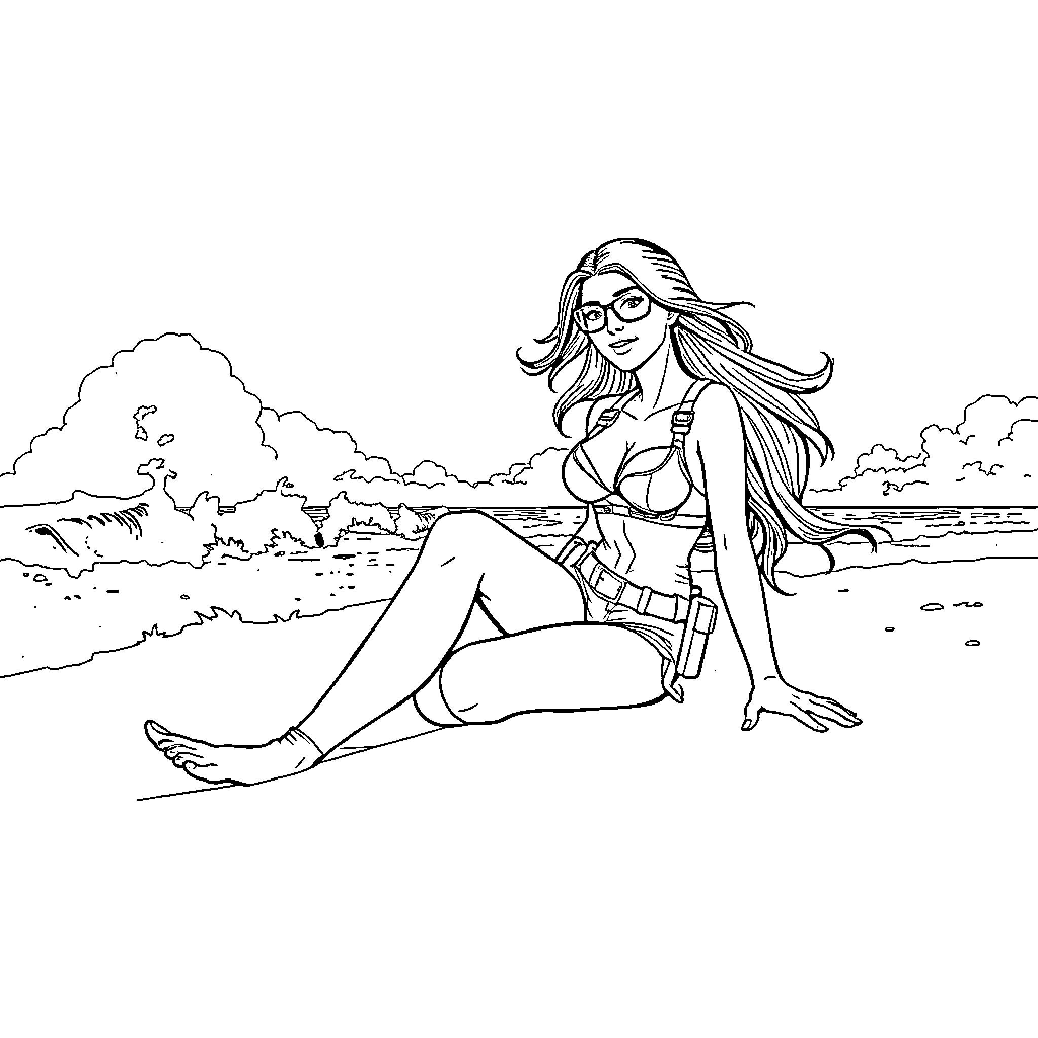 GI Joe heroine in tropical beach setting Coloring Page (free black-and-white line drawing printable PDF for all, from beginners to advanced learners, including children, teens, adults, and seniors)
