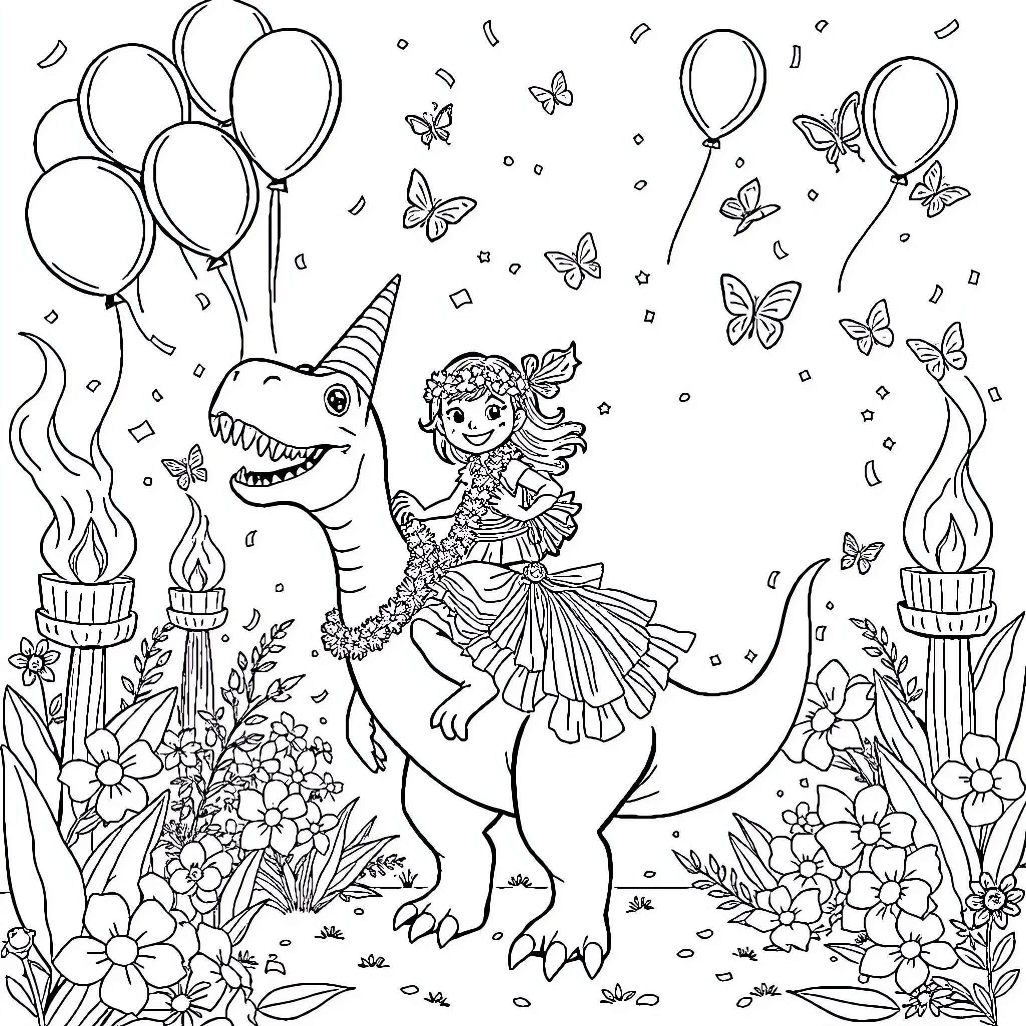 Dinosaur with a girl riding on its back in a fantasy scene Coloring Page (free black-and-white line drawing printable PDF for all, from beginners to advanced learners, including children, teens, adults, and seniors)