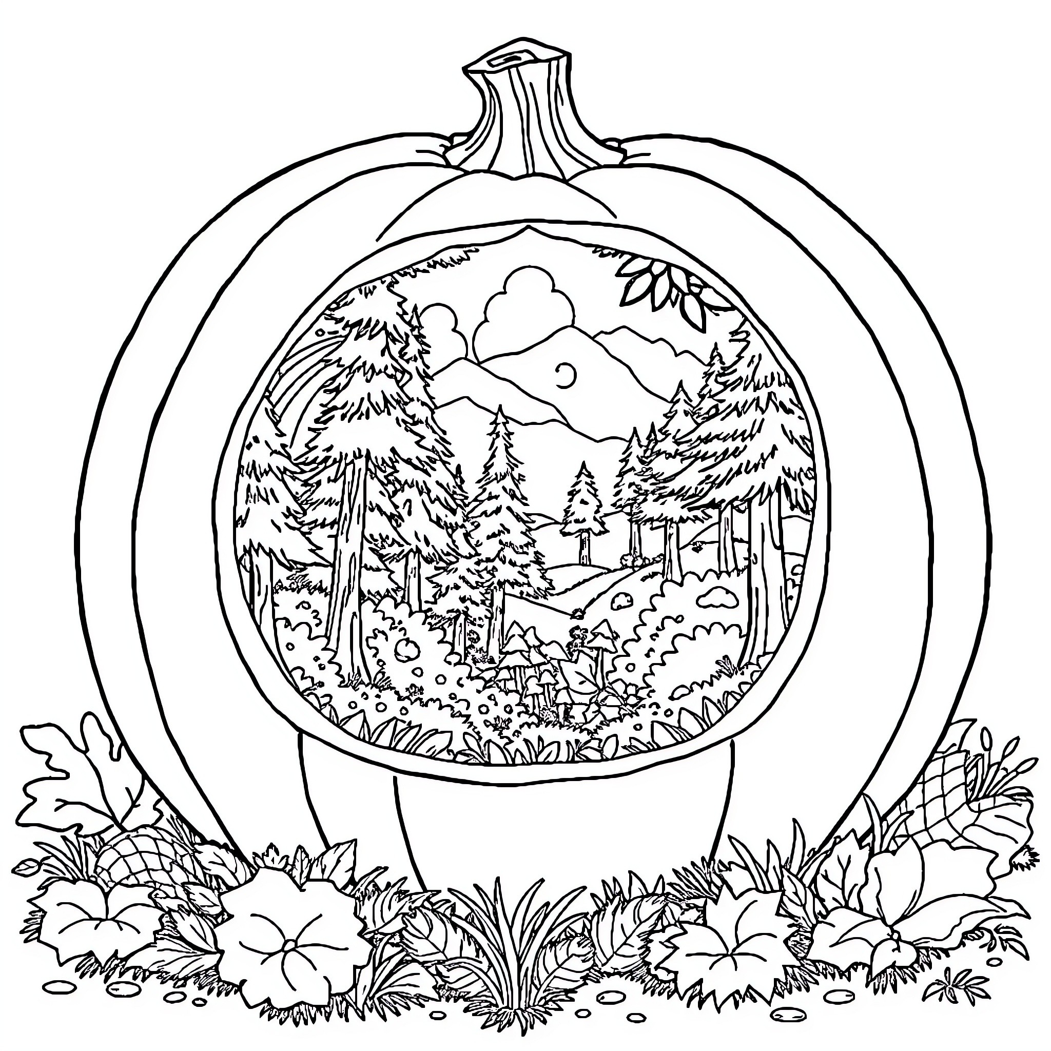 Pumpkin-Shaped Window into a Serene Forest Scene Coloring Page (free black-and-white line drawing printable PDF for all, from beginners to advanced learners, including children, teens, adults, and seniors)