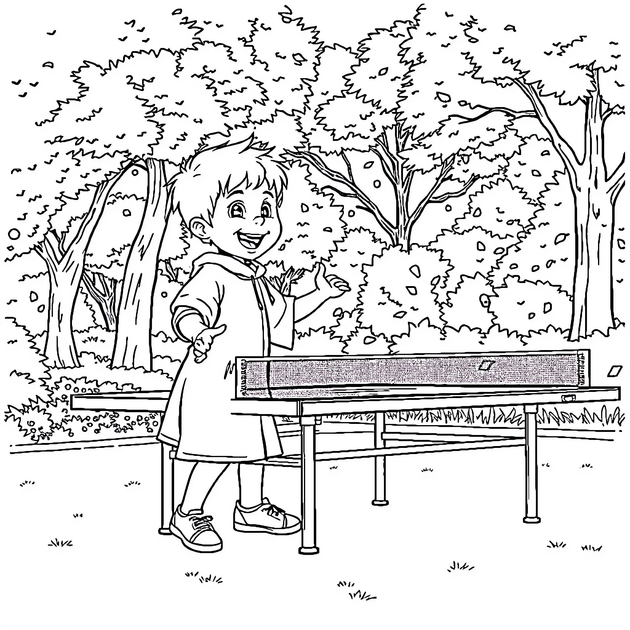 Garçon enjoying a peaceful day in the park Coloring Page (free black-and-white line drawing printable PDF for all, from beginners to advanced learners, including children, teens, adults, and seniors)