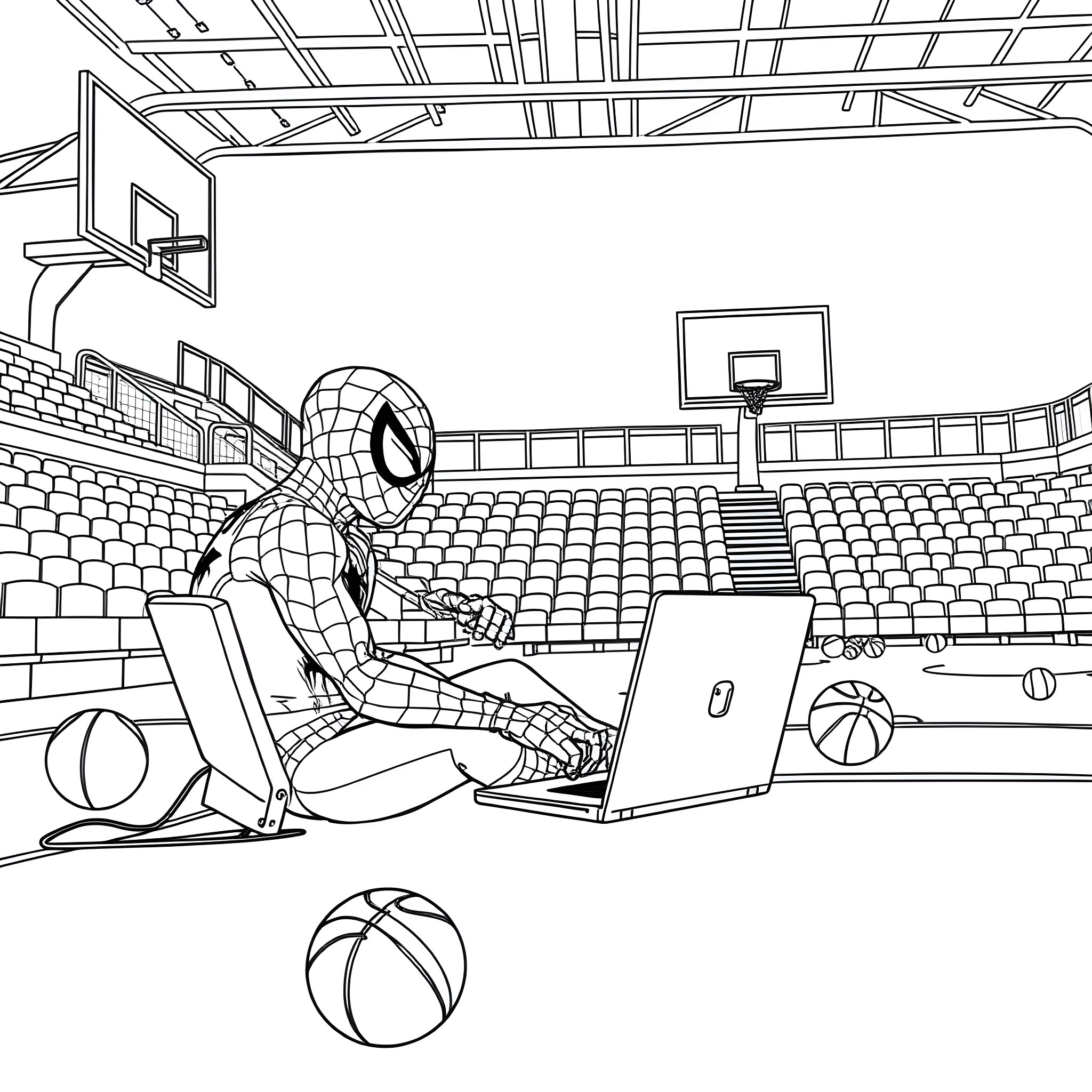 Spider-Man playing video games in the basketball court Coloring Page (free black-and-white line drawing printable PDF for all, from beginners to advanced learners, including children, teens, adults, and seniors)