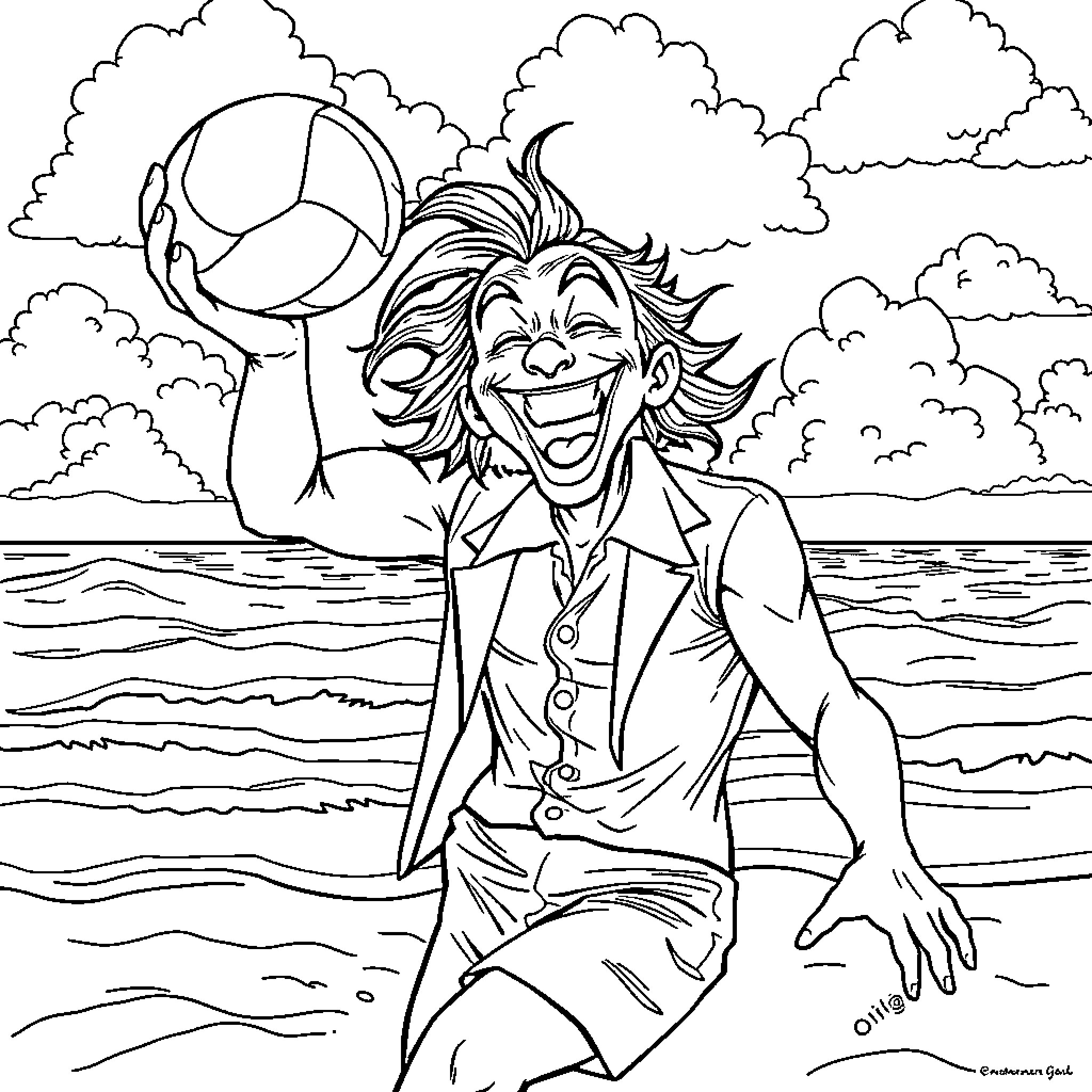 Joker playing joyfully with beach ball near the ocean Coloring Page (free black-and-white line drawing printable PDF for all, from beginners to advanced learners, including children, teens, adults, and seniors)