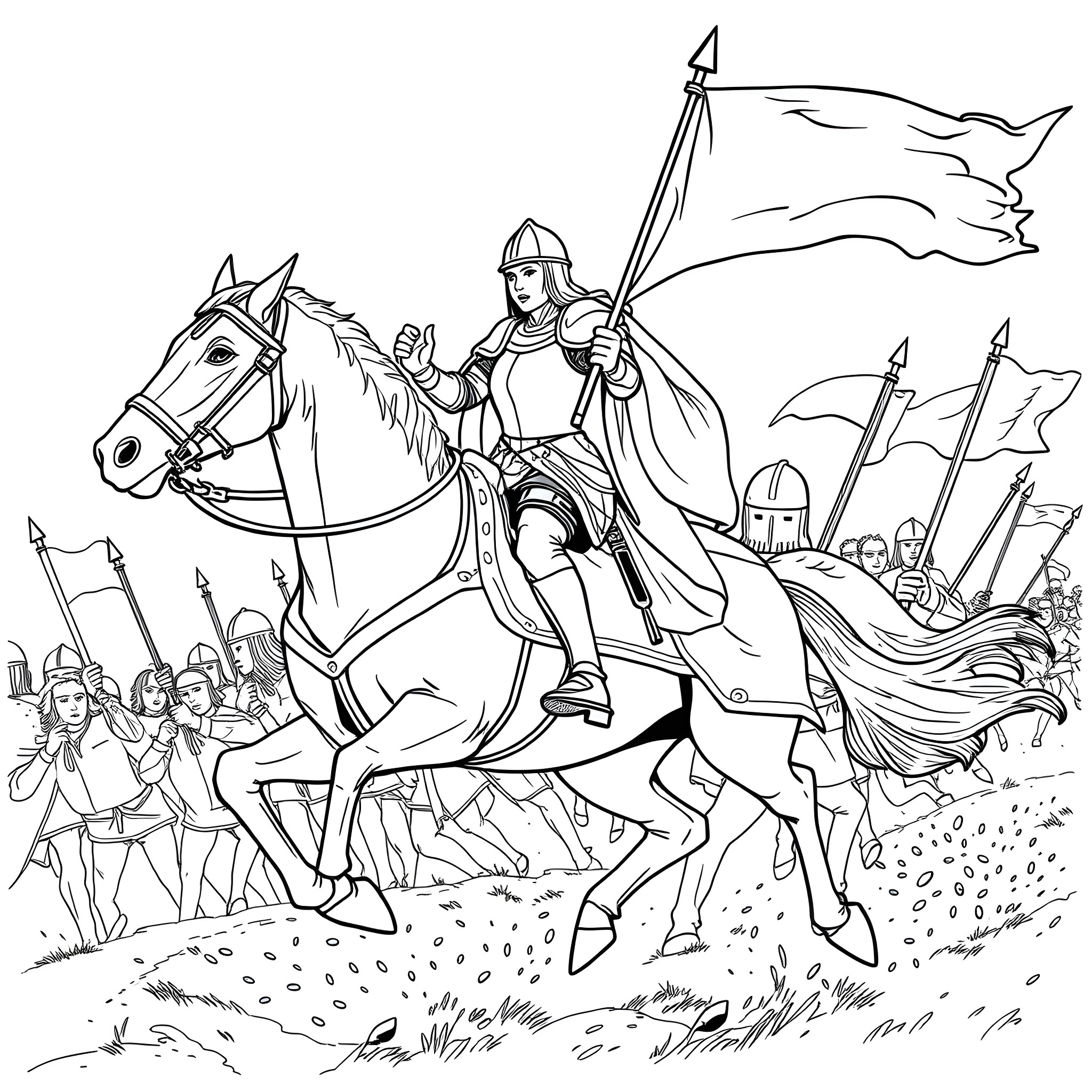Joan Of Arc Leading Soldiers Into Battle Coloring Page (free black-and-white line drawing printable PDF for all, from beginners to advanced learners, including children, teens, adults, and seniors)
